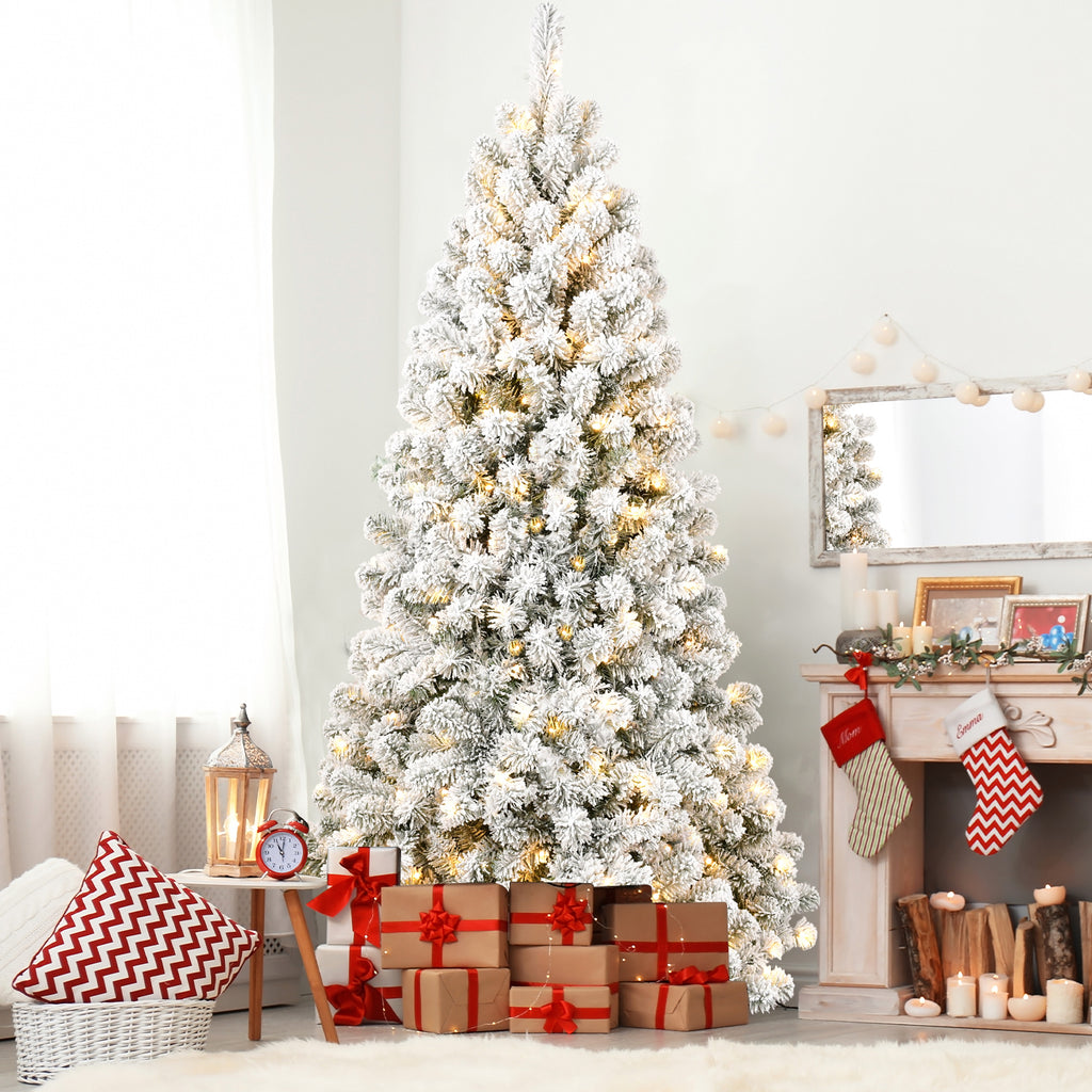 Makeatree Pre-Lit Flocked Artificial Christmas Tree White Xmas Tree for Holiday Decoration (BED-TF-L)
