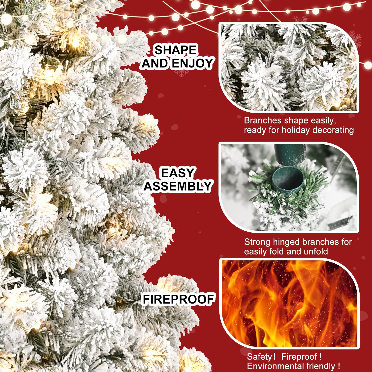 Makeatree Pre-Lit Flocked Artificial Christmas Tree White Xmas Tree for Holiday Decoration (BED-TF-L)