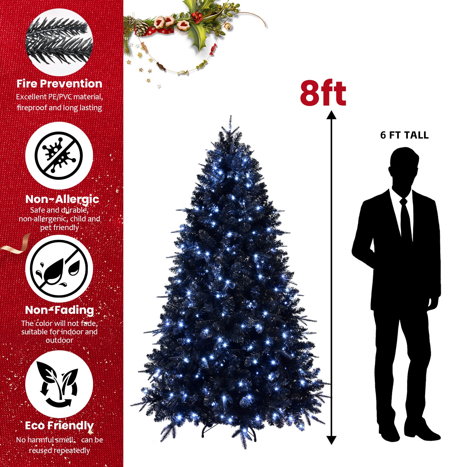 Makeatree Pre-Lit Black Christmas Tree 4-8ft - Artificial Halloween Xmas Tree with Lights (VCR-L)