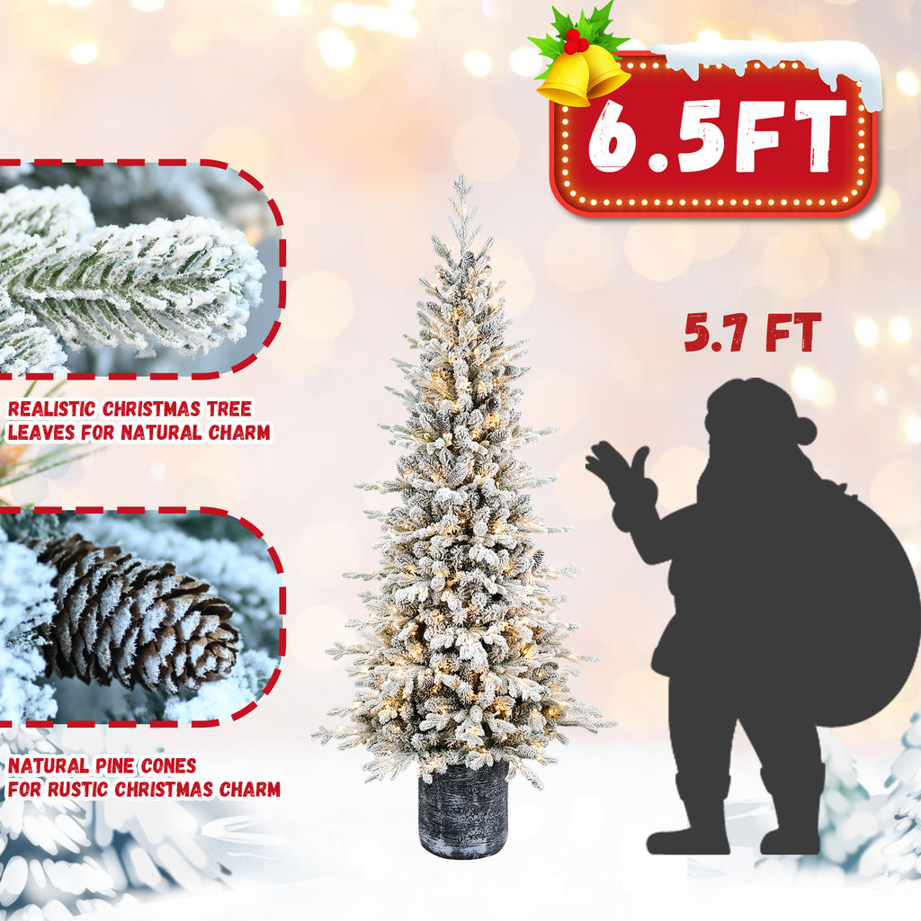 Makeatree Potted Snow Flocked Christmas Tree with Lights 2ft to 6.5ft Mini Pre-Lit Tree for Entryway & Porch Decor (OCO-TF-L)