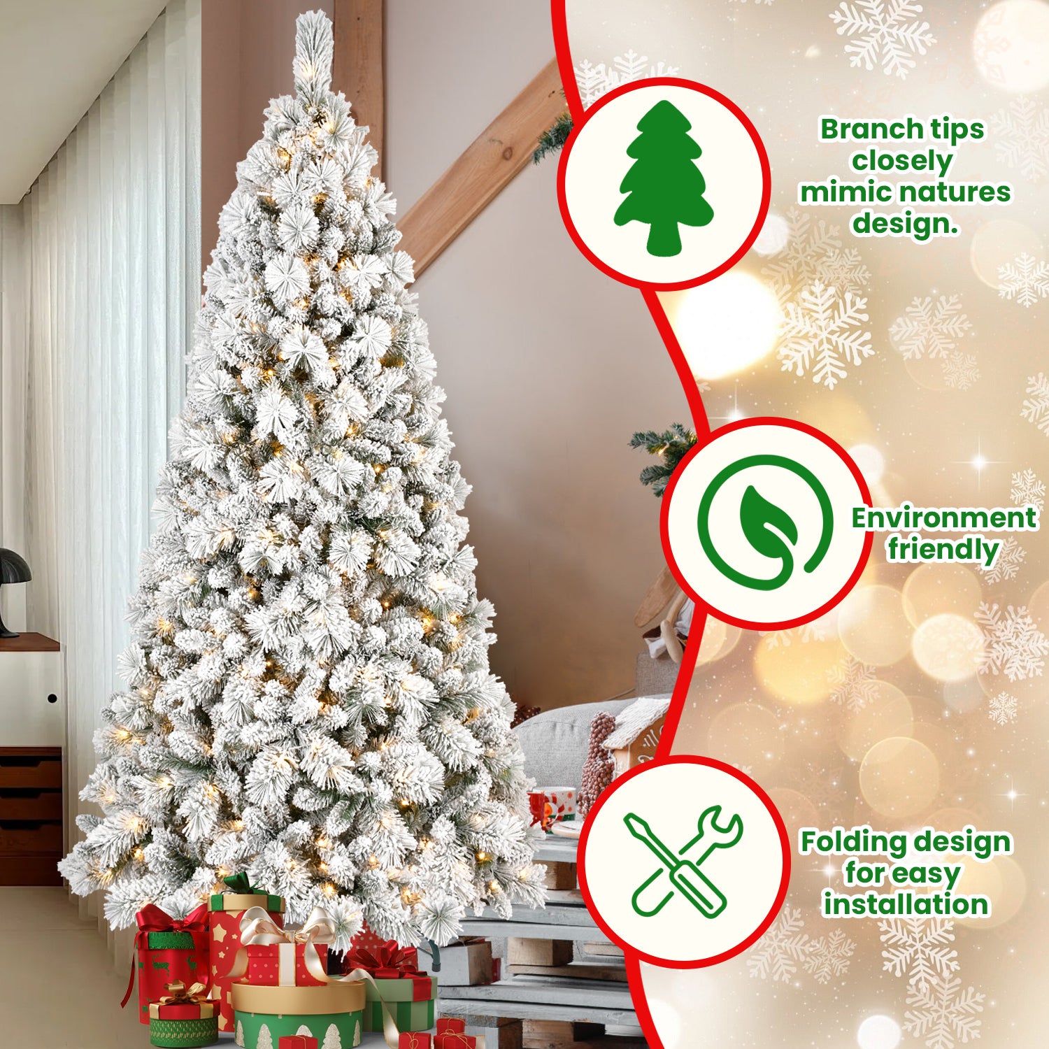 Makeatree Pre-Lit Snow Flocked Christmas Tree 4-9ft Artificial Xmas Tree with Lights (JPN-TF-L)