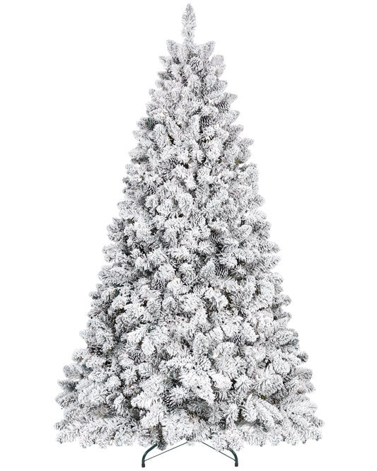 Makeatree 4ft/4.5ft/5ft/6ft/7ft Snow Flocked Artificial Christmas Tree, Unlit White Pine Xmas Tree with Pine Cones, Easy Assembly, Metal Stand.