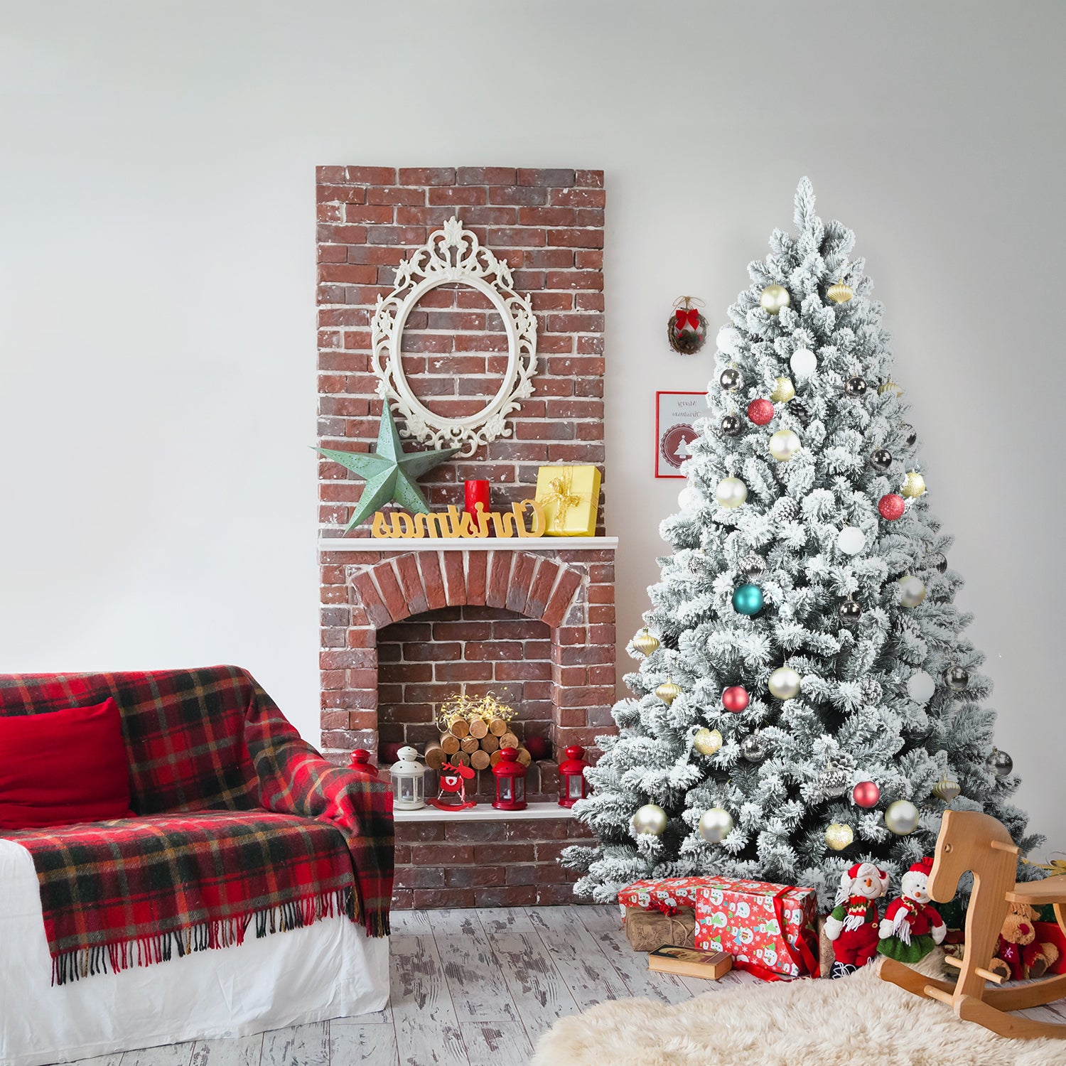 Makeatree Snow Flocked Christmas Tree with Pine Cones 4-7ft Unlit White Pine (BES-TF)