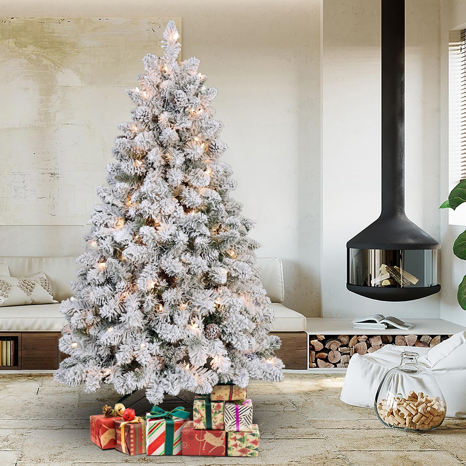 Makeatree Snow-Flocked Prelit Christmas Tree with Pine Cones 4–9 FT, UL Listed Lights, Mixed PE & PVC Branches, Includes Metal Stand (BES-TF-L)