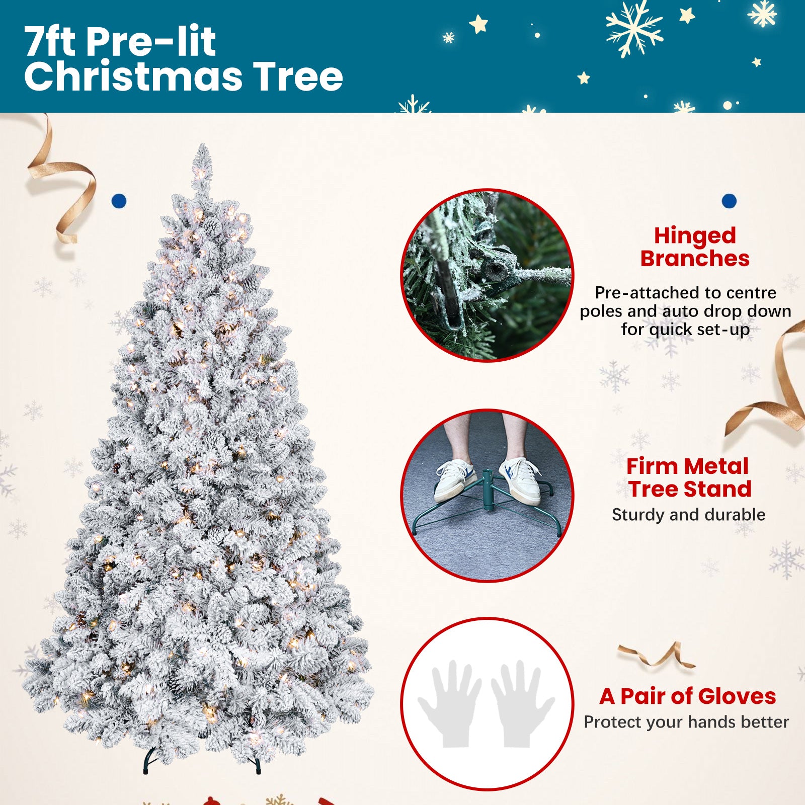 Makeatree Snow Flocked Christmas Tree with Pine Cones 4-7ft Unlit White Pine (BES-TF)