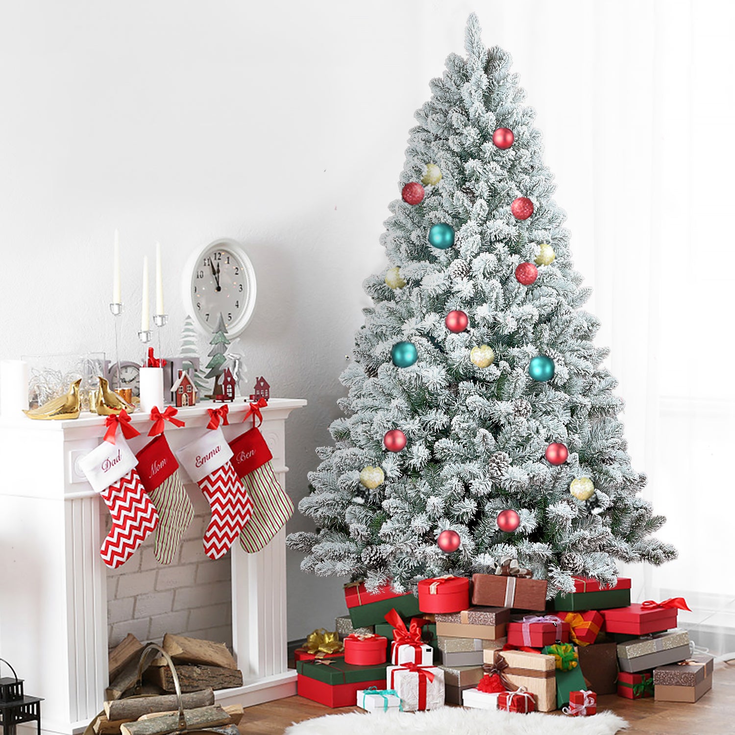 Makeatree Snow Flocked Christmas Tree with Pine Cones 4-7ft Unlit White Pine (BES-TF)