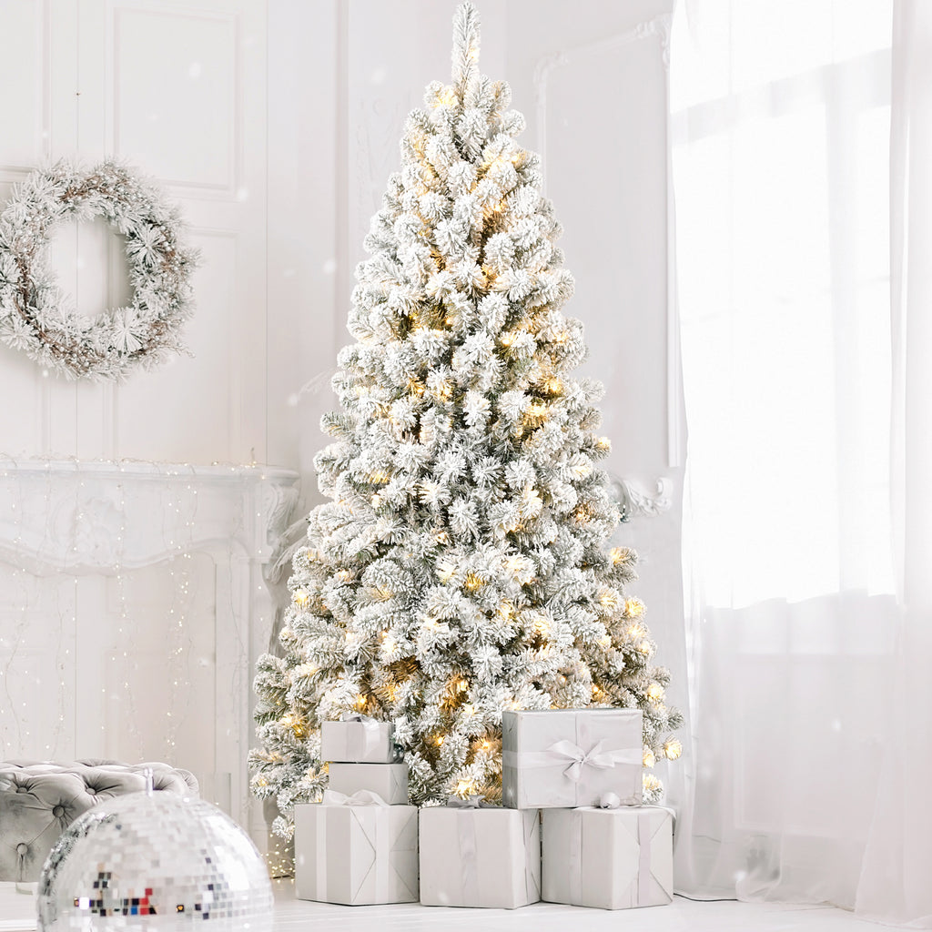 Makeatree Pre-Lit Flocked Artificial Christmas Tree White Xmas Tree for Holiday Decoration (BED-TF-L)