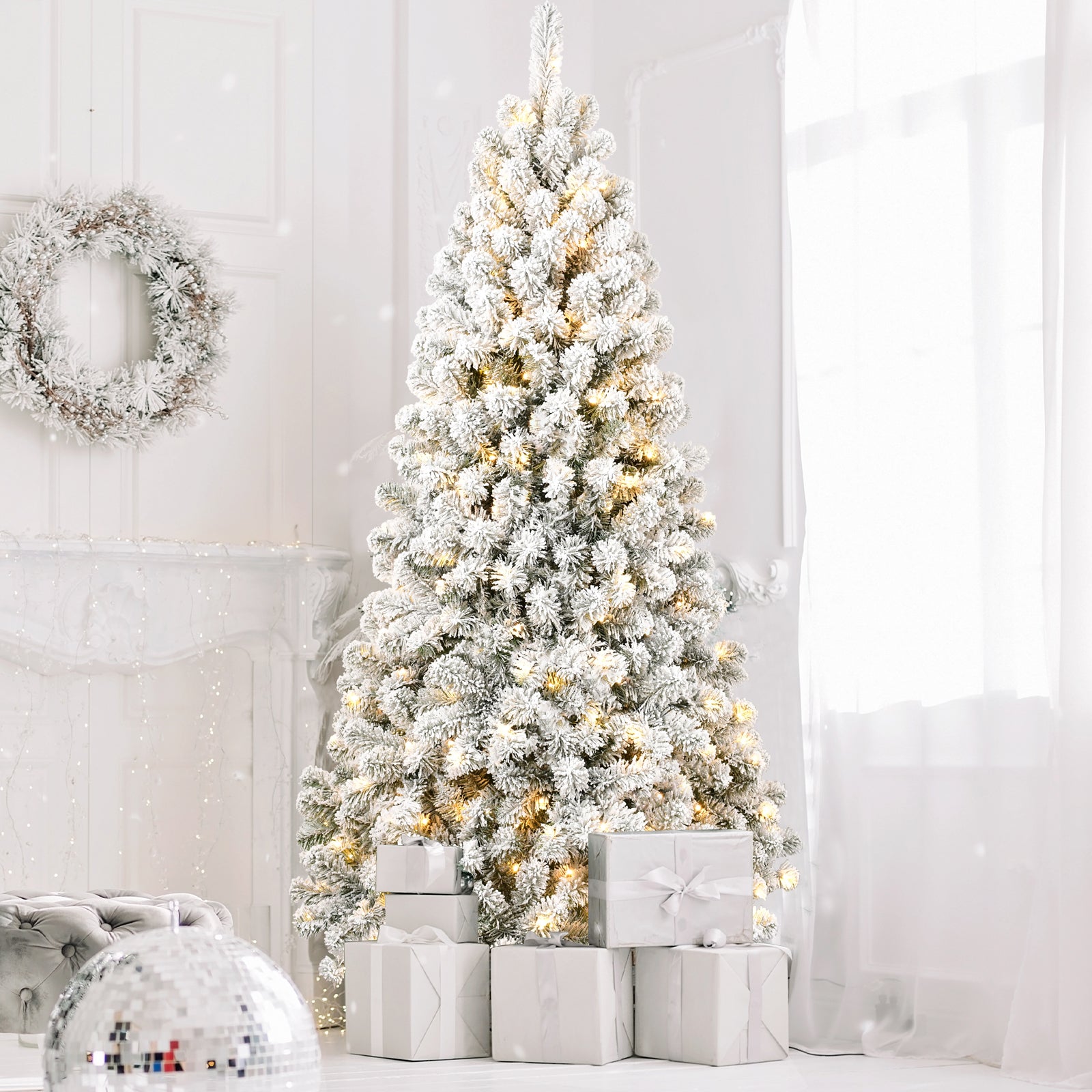 Makeatree Pre-Lit Flocked Artificial Christmas Tree White Xmas Tree for Holiday Decoration (BED-TF-L)