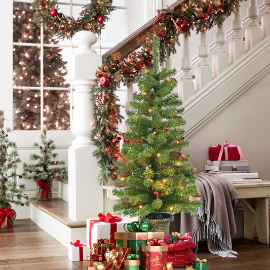 Makeatree 4FT Pre-lit Artificial Potted Christmas Tree with 50 LED Lights Small Spruce Xmas Tree with 140 Branch Tips, Pine Cones&Red Berries, Battery Operated.