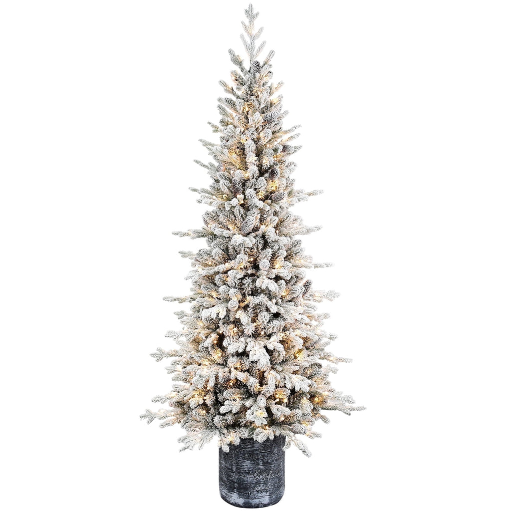 Makeatree Potted Snow Flocked Christmas Tree with Lights 2ft to 6.5ft Mini Pre-Lit Tree for Entryway & Porch Decor (OCO-TF-L)
