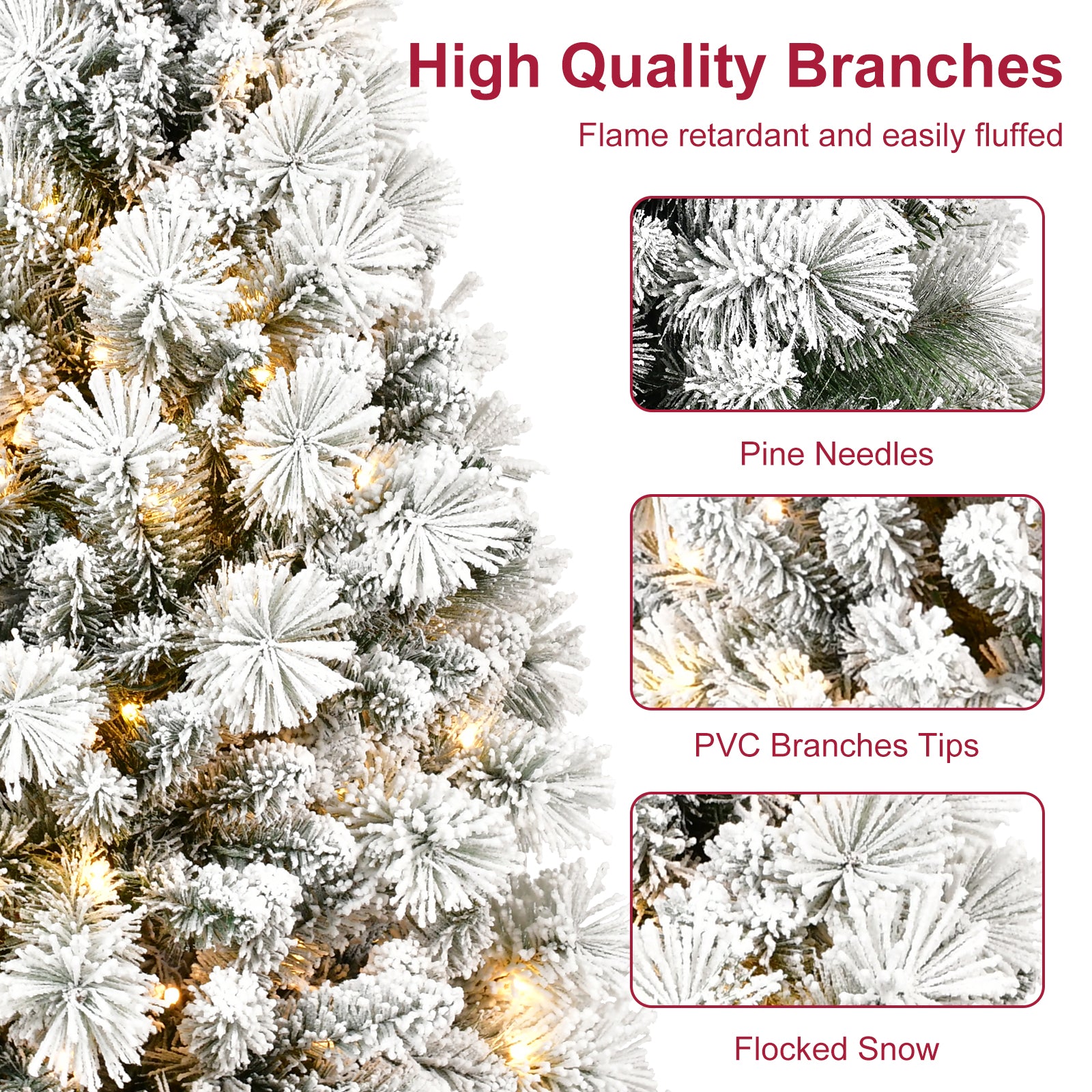 Makeatree Pre-Lit Snow Flocked Christmas Tree 4-9ft Artificial Xmas Tree with Lights (JPN-TF-L)