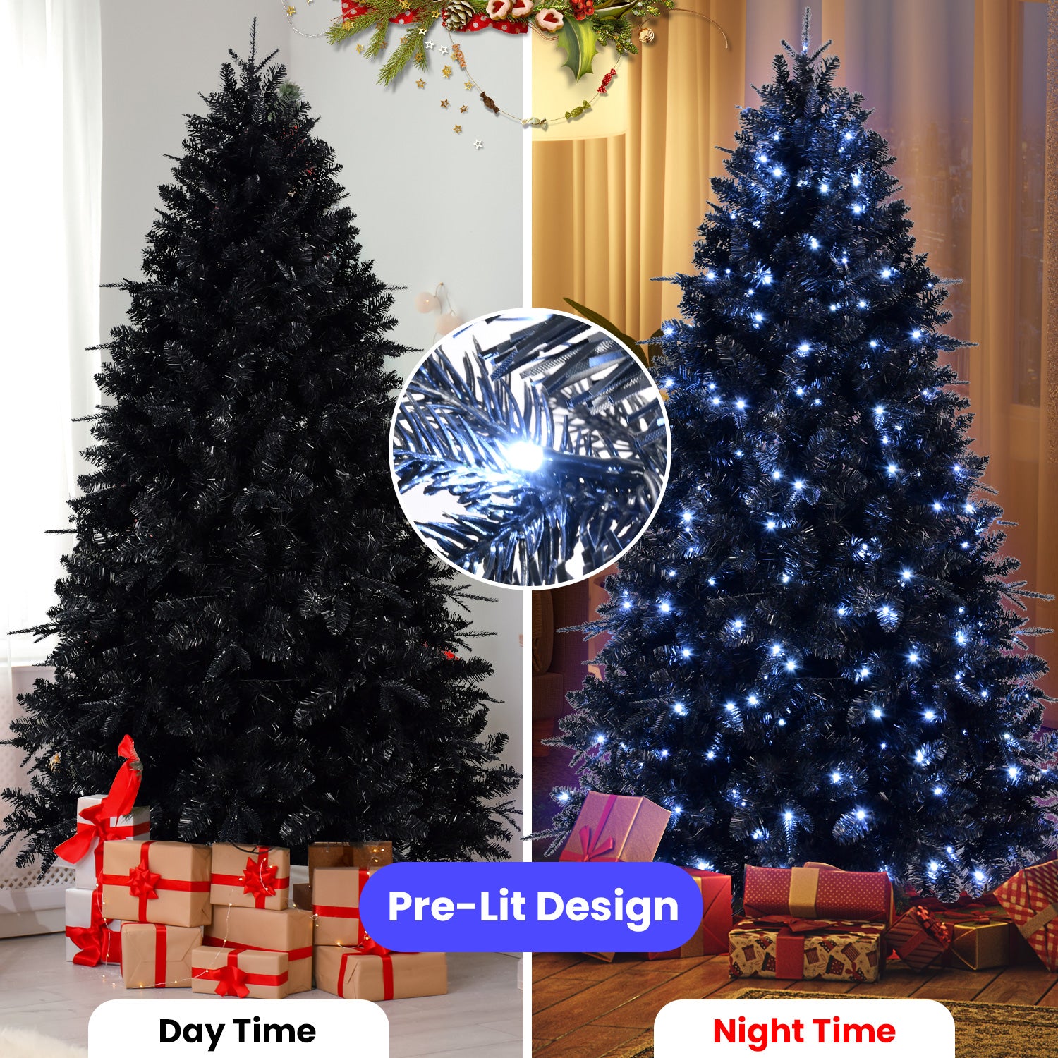 Makeatree Pre-Lit Black Christmas Tree 4-8ft - Artificial Halloween Xmas Tree with Lights (VCR-L)