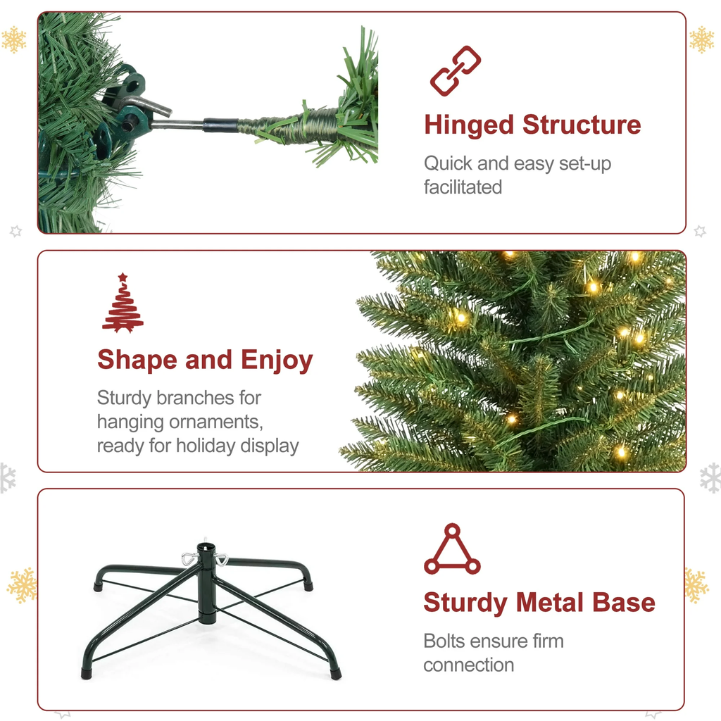 Makeatree 5 ft Pre-Lit Pencil Christmas Tree, Slim Spruce Holiday Decoration with Incandescent Lights, Metal Hinges & Foldable Base