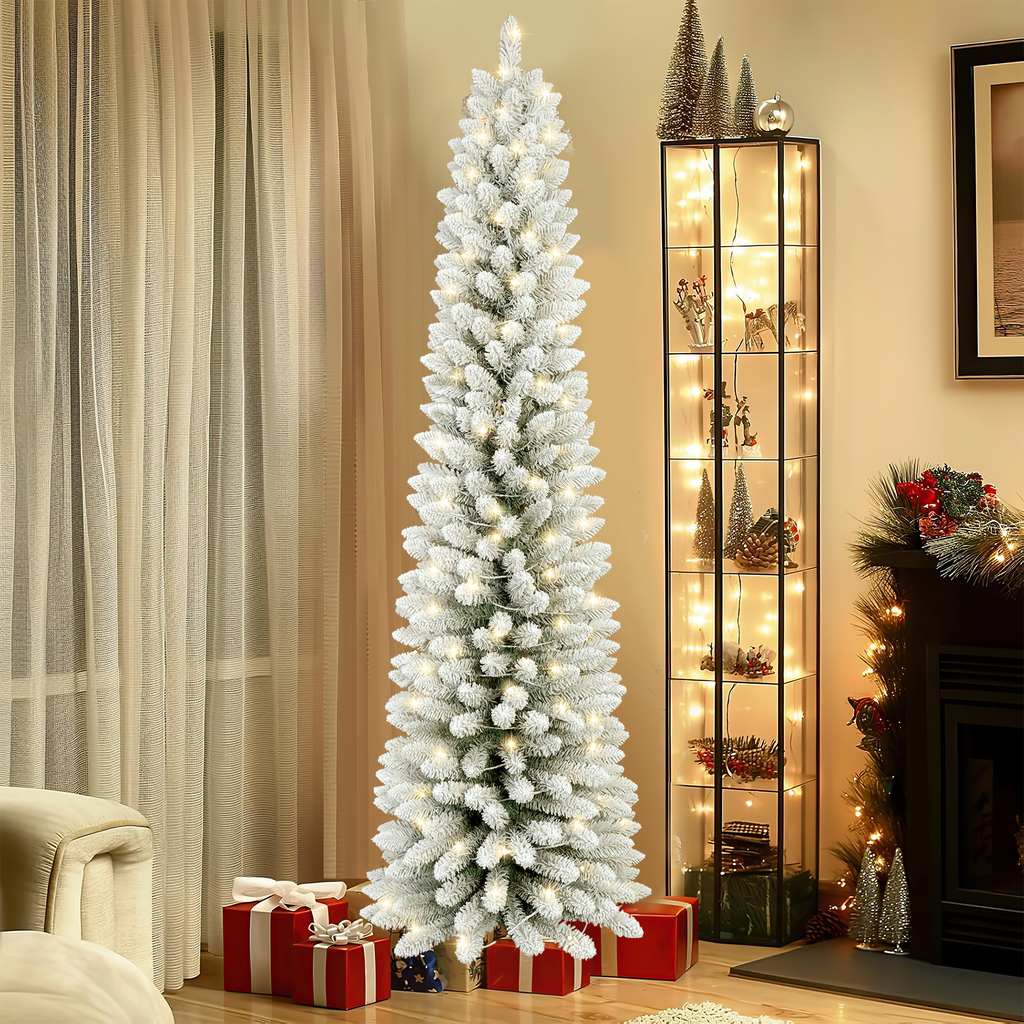 Makeatree 5 ft Pre-Lit Pencil Flocked Christmas Tree, Slim Spruce Holiday Decoration with Incandescent Lights, Metal Hinges & Foldable Base