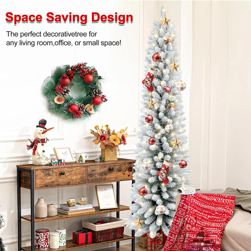 Makeatree 5 ft Pre-Lit Pencil Flocked Christmas Tree, Slim Spruce Holiday Decoration with Incandescent Lights, Metal Hinges & Foldable Base
