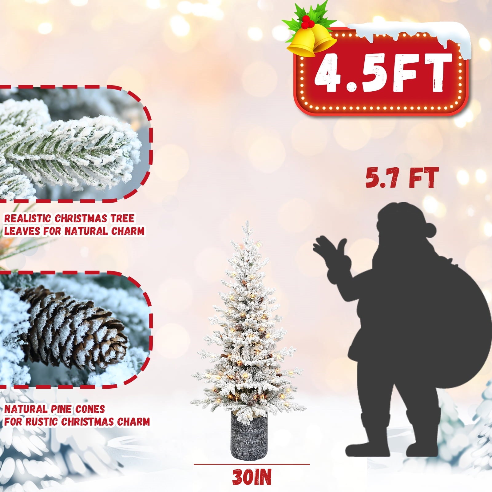 Makeatree Potted Snow Flocked Christmas Tree with Lights 2ft to 6.5ft Mini Pre-Lit Tree for Entryway & Porch Decor (OCO-TF-L)