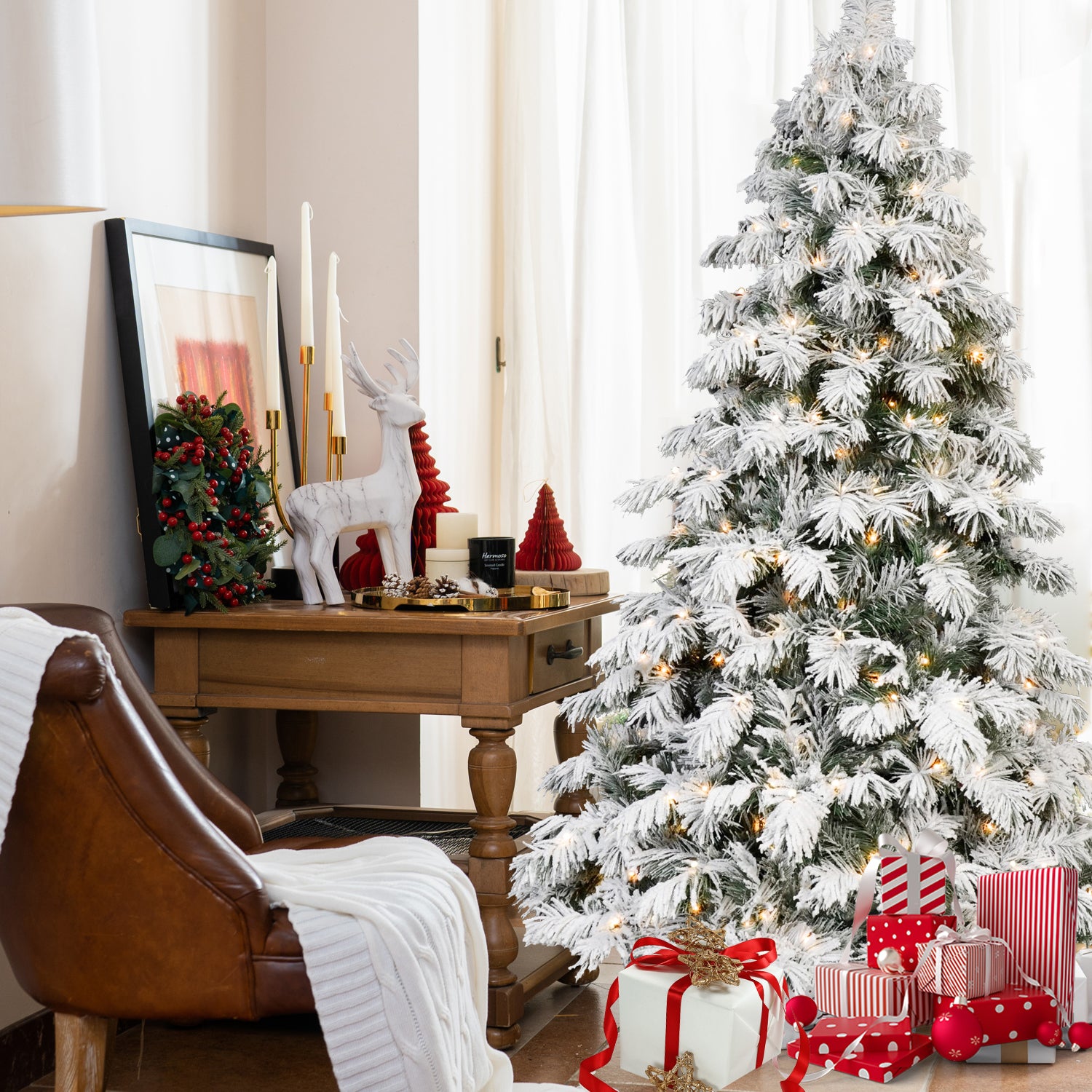 Makeatree Flocked White Christmas Tree 5-8ft - Pre-Lit with Warm