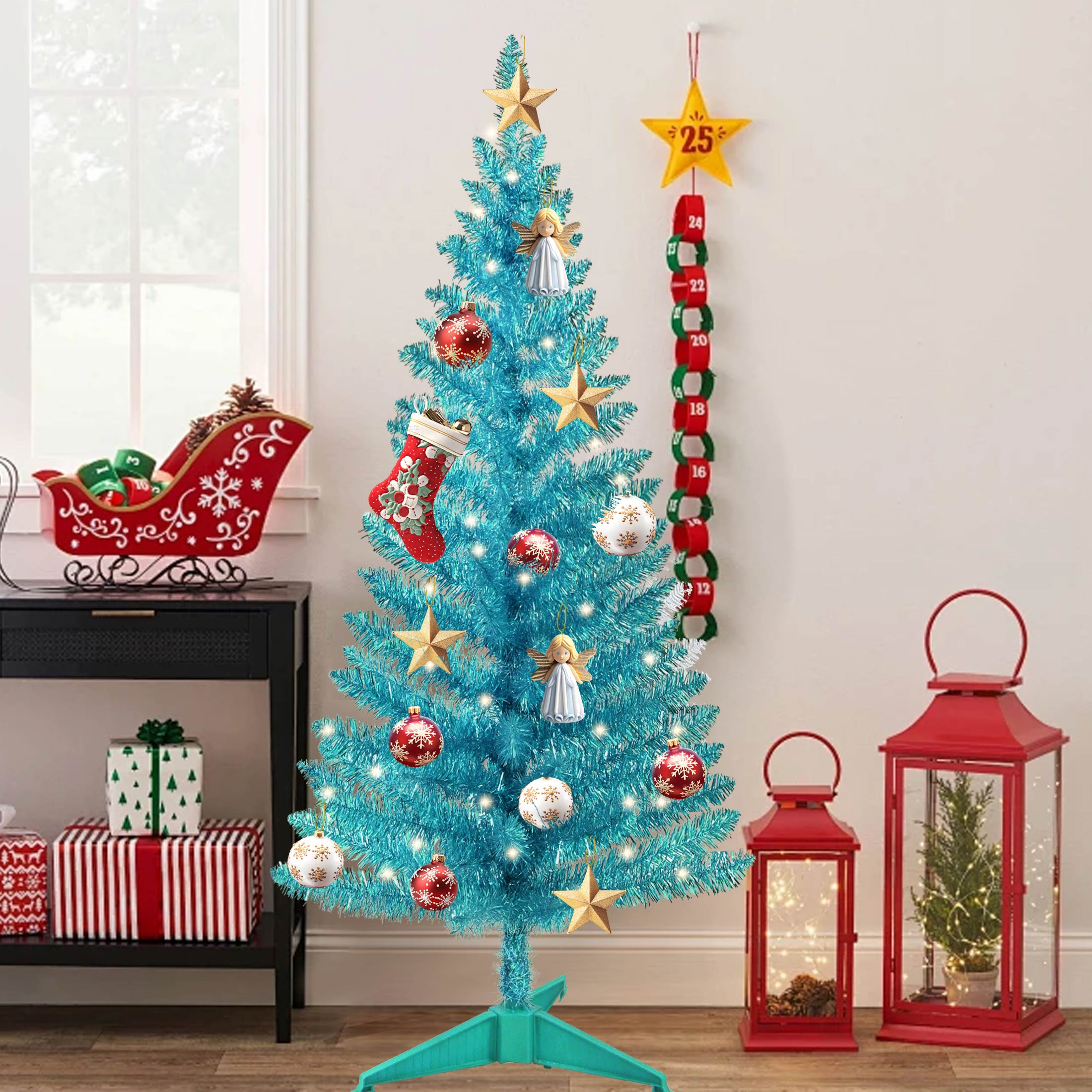 Makeatree 4 ft Green Artificial Christmas Tree with 50 Lights，112 Branch Tips Mini Holiday Party Xmas Tree w/Stand