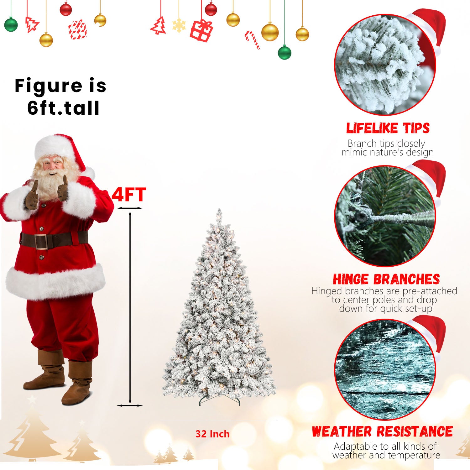 Makeatree Snow-Flocked Prelit Christmas Tree with Pine Cones 4–9 FT, UL Listed Lights, Mixed PE & PVC Branches, Includes Metal Stand (BES-TF-L)