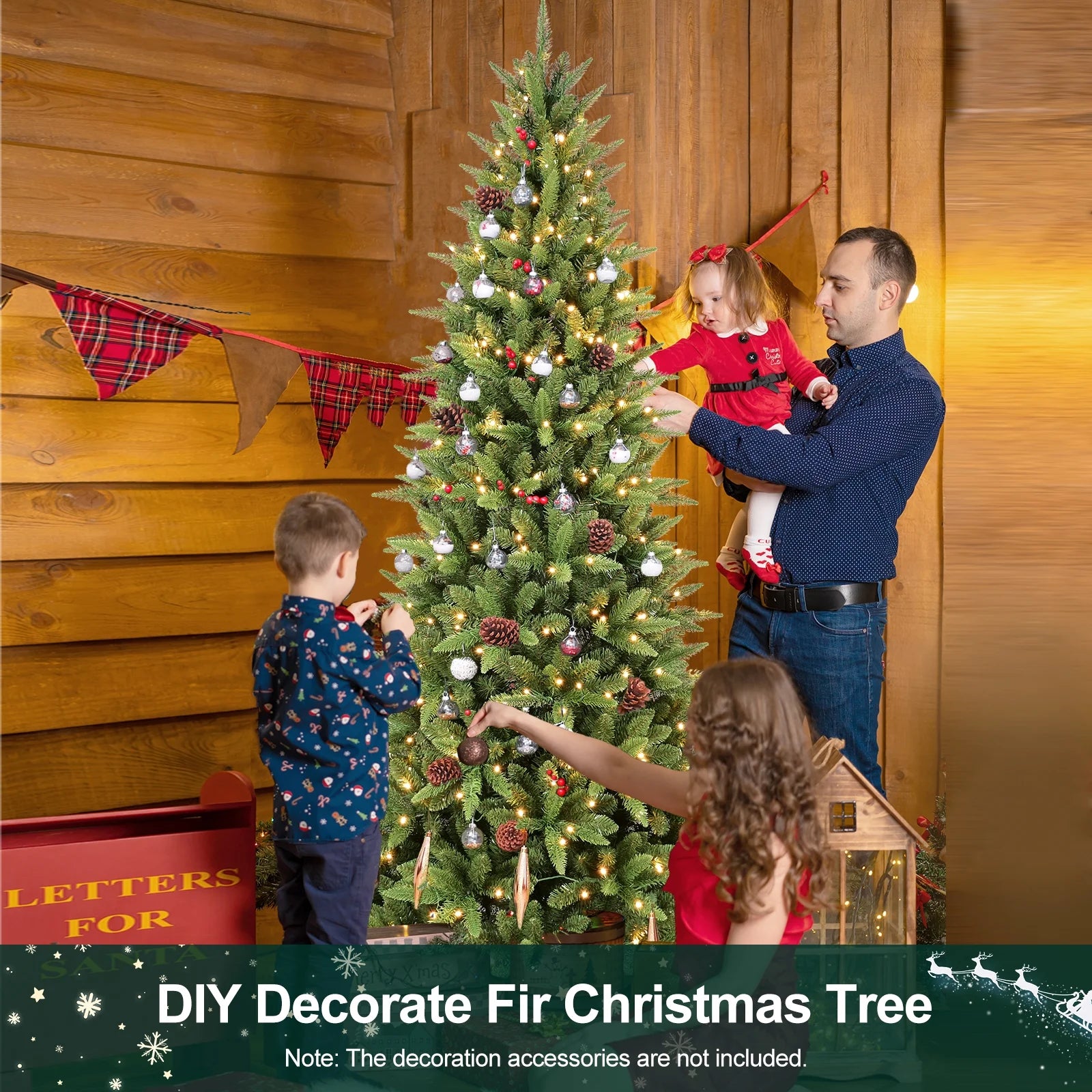 Makeatree Pre-Lit Pencil Christmas Tree Artificial Slim Xmas Tree PE & PVC Mixed Branches (BHU-L)