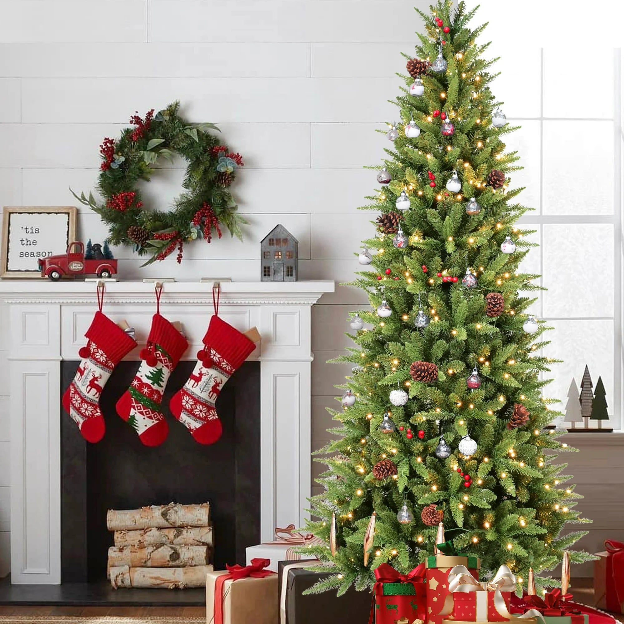 Makeatree Pre-Lit Pencil Christmas Tree Artificial Slim Xmas Tree PE & PVC Mixed Branches (BHU-L)