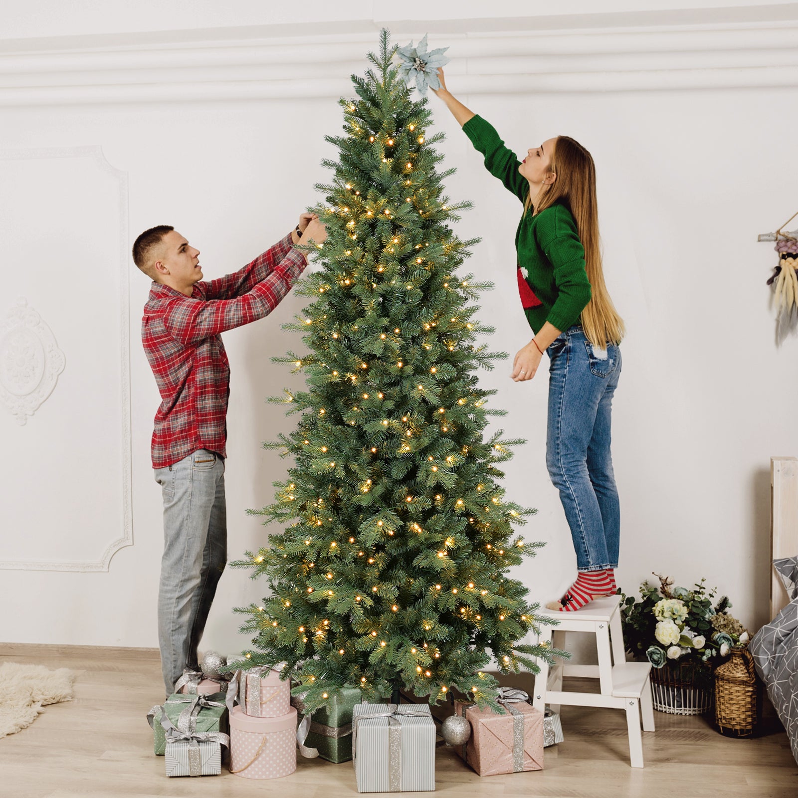 Makeatree Pencil Christmas Tree 4-9ft Pre-Lit Blue Spruce Slim Artificial Xmas Tree (HTC-L)