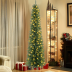 Makeatree 5 ft Pre-Lit Pencil Christmas Tree, Slim Spruce Holiday Decoration with Incandescent Lights, Metal Hinges & Foldable Base