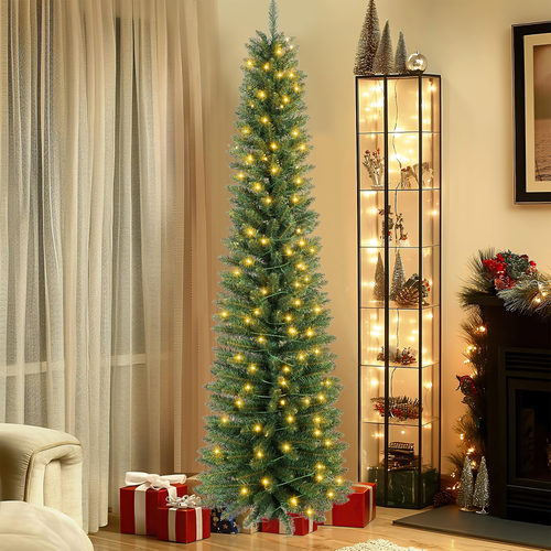 Makeatree 6 ft Pre-Lit Pencil Christmas Tree, Slim Spruce Holiday Decoration with Incandescent Lights, Metal Hinges & Foldable Base