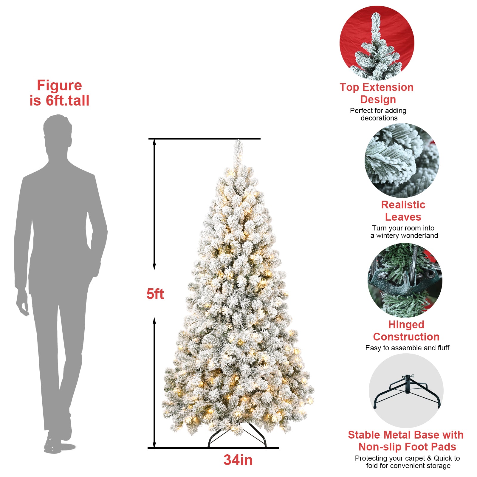 Makeatree Pre-Lit Flocked Artificial Christmas Tree White Xmas Tree for Holiday Decoration (BED-TF-L)