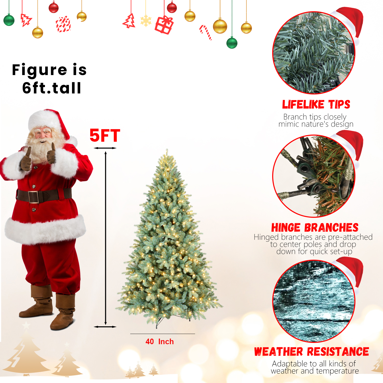 Makeatree Pre-Lit Spruce Artificial Christmas Tree 4-9ft - PE/PVC Branches (DEL-L)
