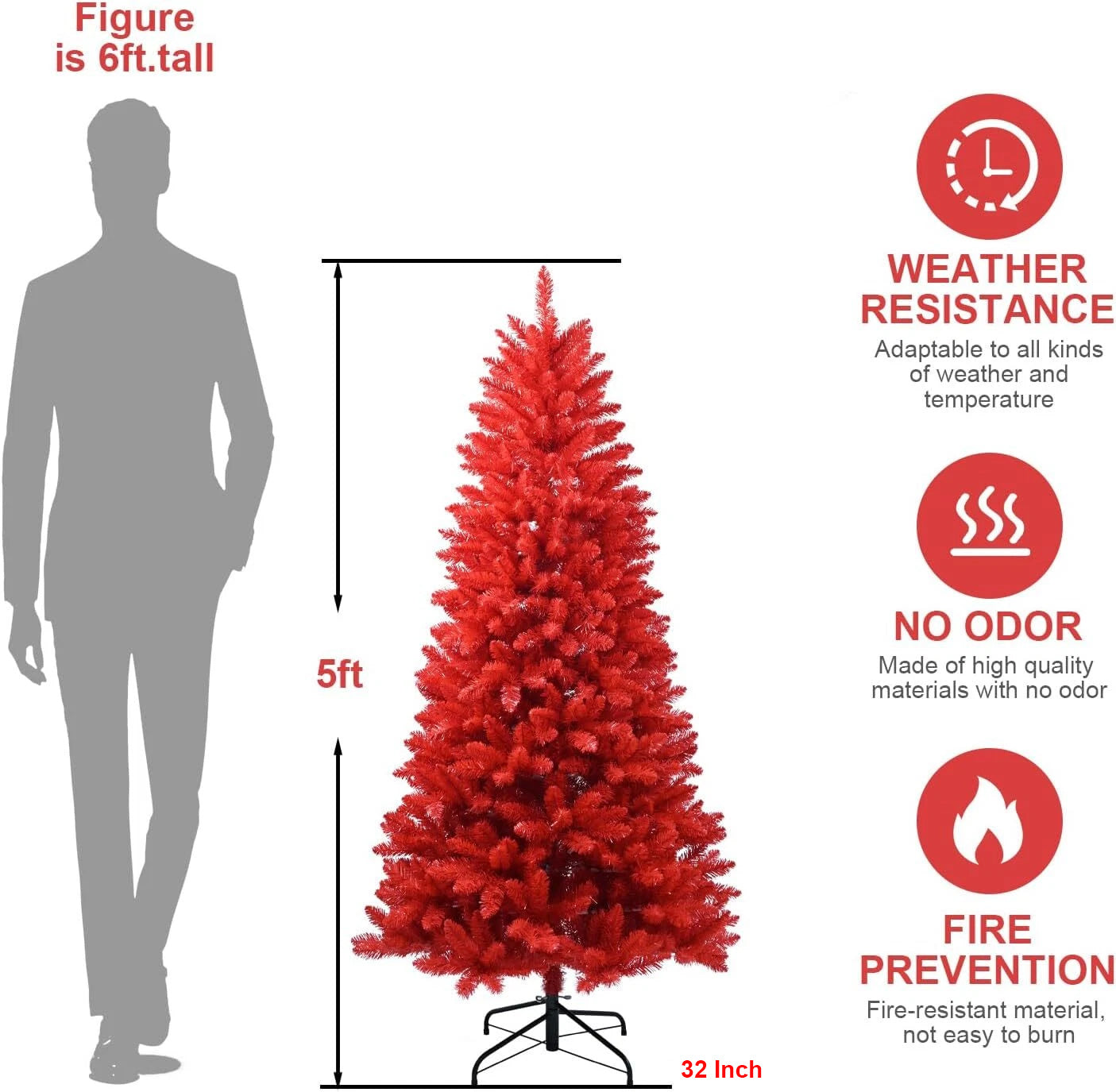 Makeatree Red Artificial Christmas Tree 4-7ft - Indoor Outdoor Holiday Decor (BER)