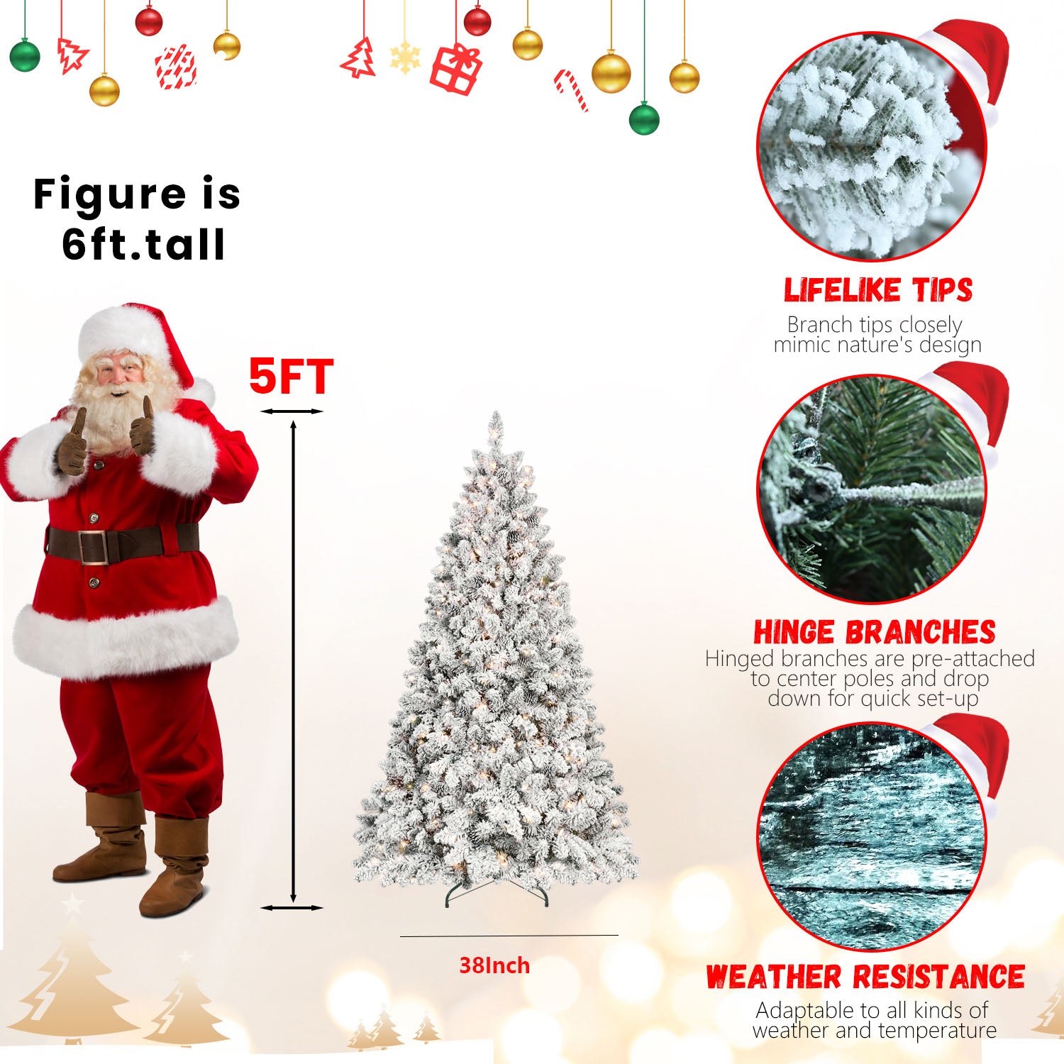 Makeatree Snow-Flocked Prelit Christmas Tree with Pine Cones 4–9 FT, UL Listed Lights, Mixed PE & PVC Branches, Includes Metal Stand (BES-TF-L)