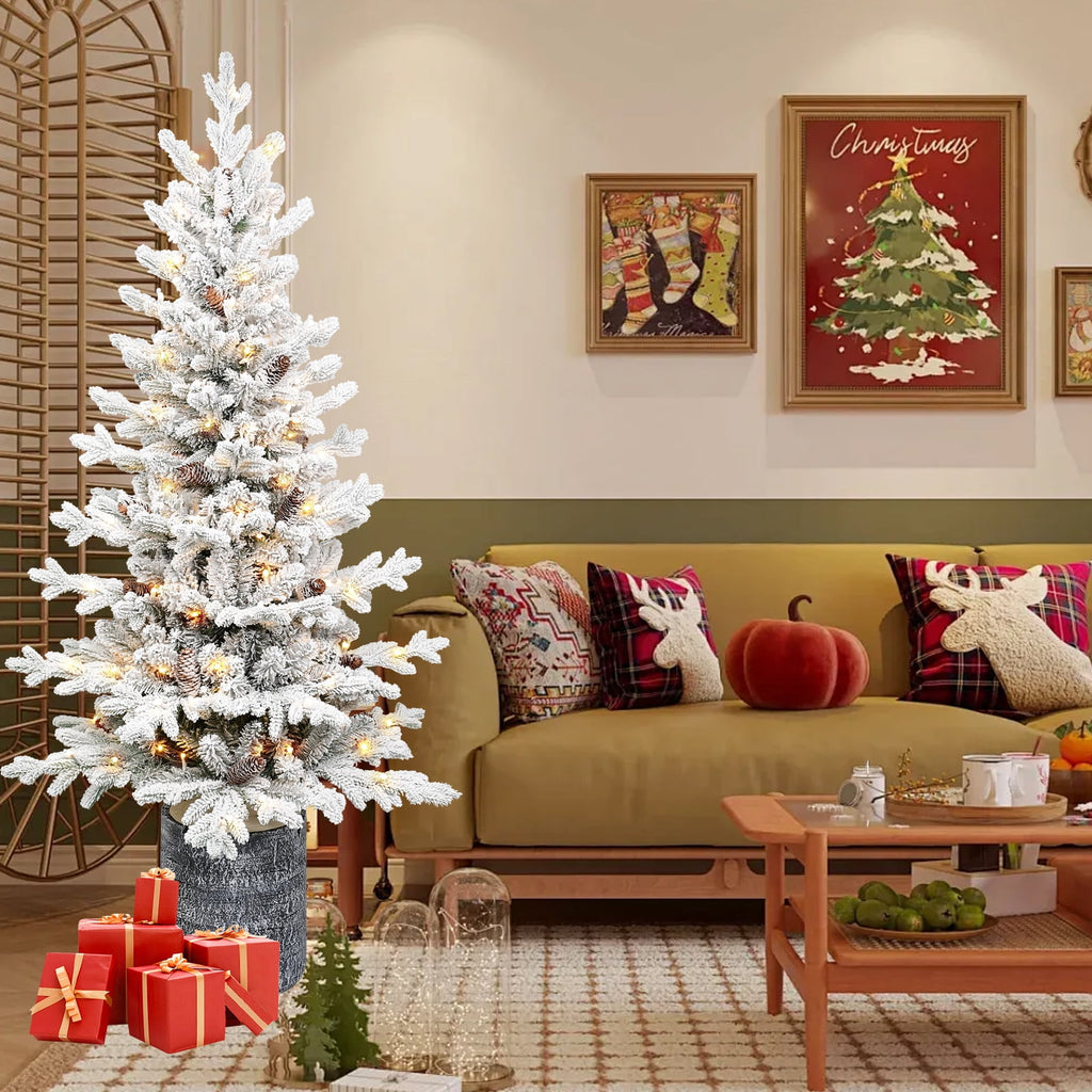 Makeatree Potted Snow Flocked Christmas Tree with Lights 2ft to 6.5ft Mini Pre-Lit Tree for Entryway & Porch Decor (OCO-TF-L)