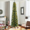 Makeatree 6 ft Pre-Lit Pencil Christmas Tree, Slim Spruce Holiday Decoration with Incandescent Lights, Metal Hinges & Foldable Base