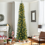 Makeatree 6 ft Pre-Lit Pencil Christmas Tree, Slim Spruce Holiday Decoration with Incandescent Lights, Metal Hinges & Foldable Base