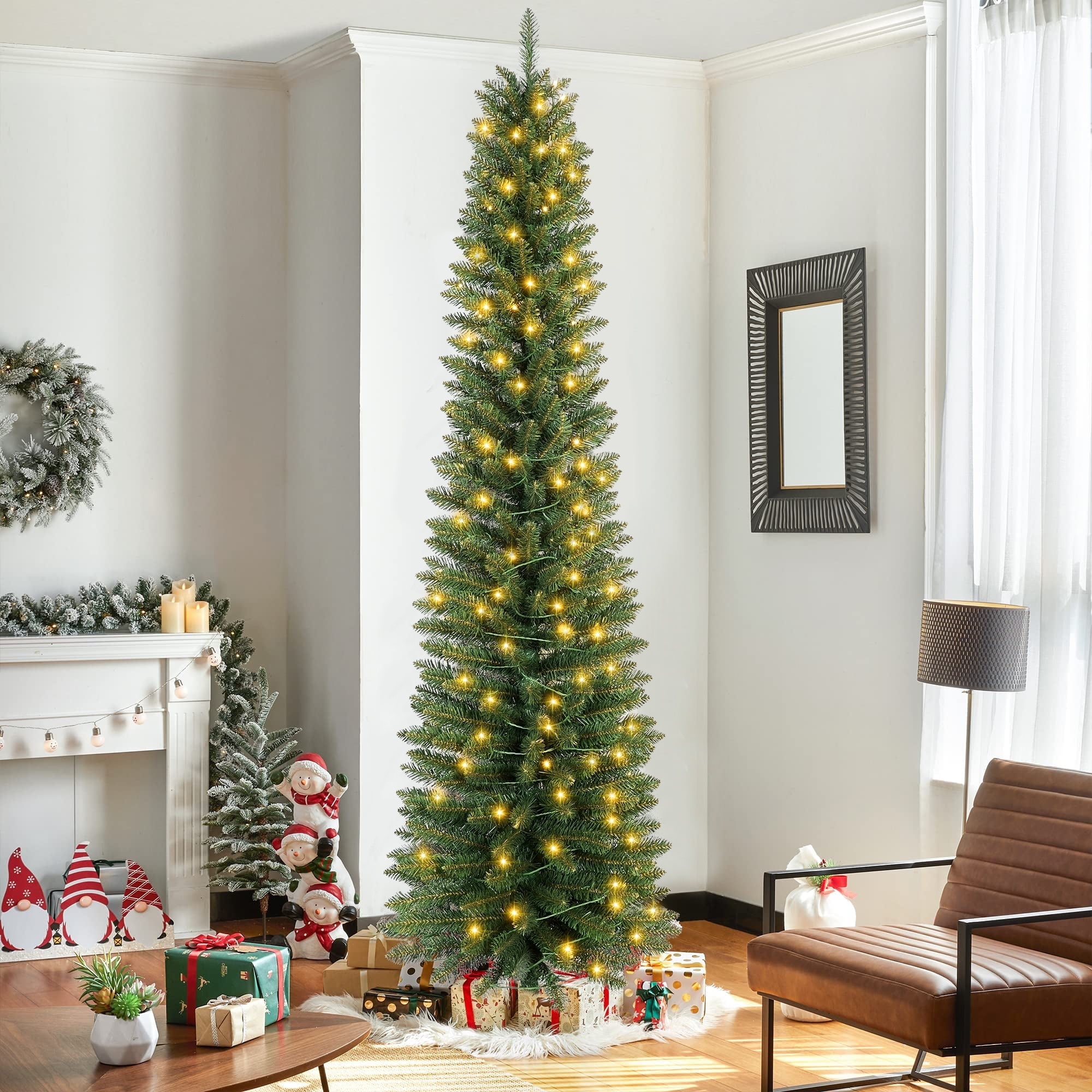 Makeatree 6 ft Pre-Lit Pencil Christmas Tree, Slim Spruce Holiday Decoration with Incandescent Lights, Metal Hinges & Foldable Base