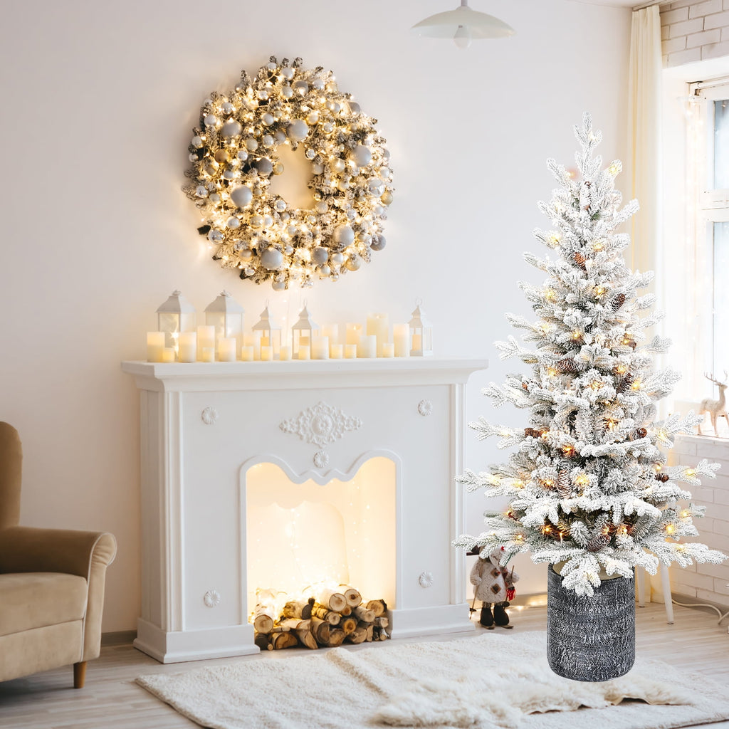 Makeatree Potted Snow Flocked Christmas Tree with Lights 2ft to 6.5ft Mini Pre-Lit Tree for Entryway & Porch Decor (OCO-TF-L)