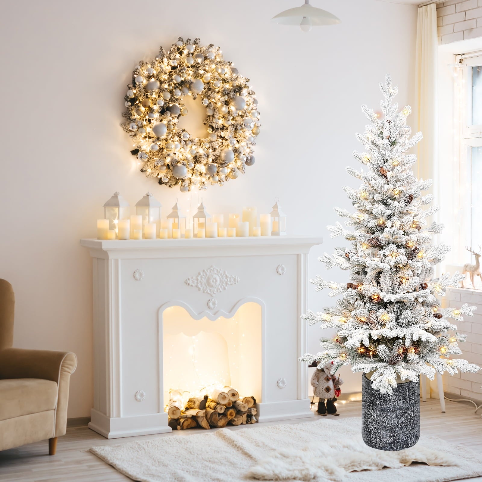 Makeatree Potted Snow Flocked Christmas Tree with Lights 2ft to 6.5ft Mini Pre-Lit Tree for Entryway & Porch Decor (OCO-TF-L)