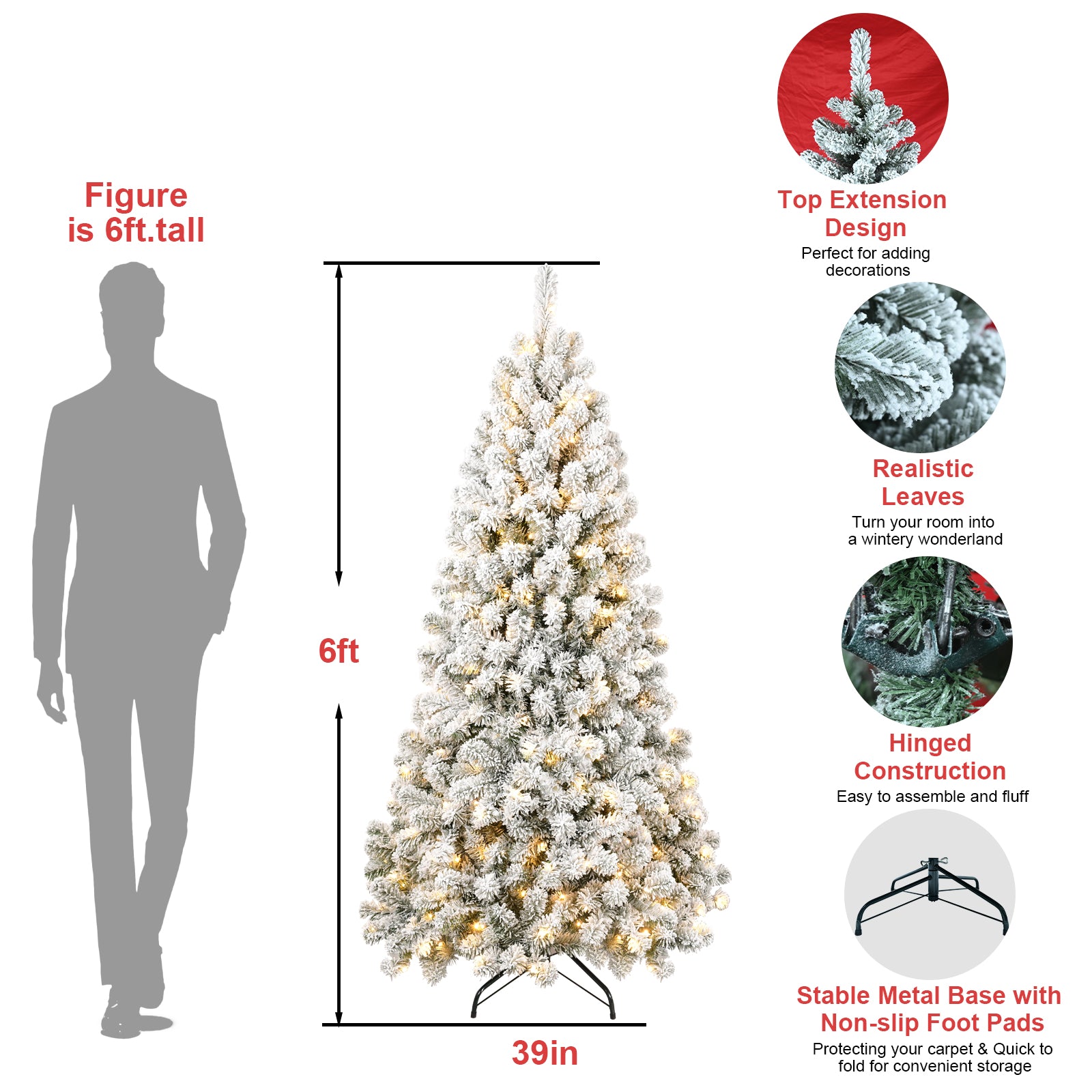 Makeatree Pre-Lit Flocked Artificial Christmas Tree White Xmas Tree for Holiday Decoration (BED-TF-L)