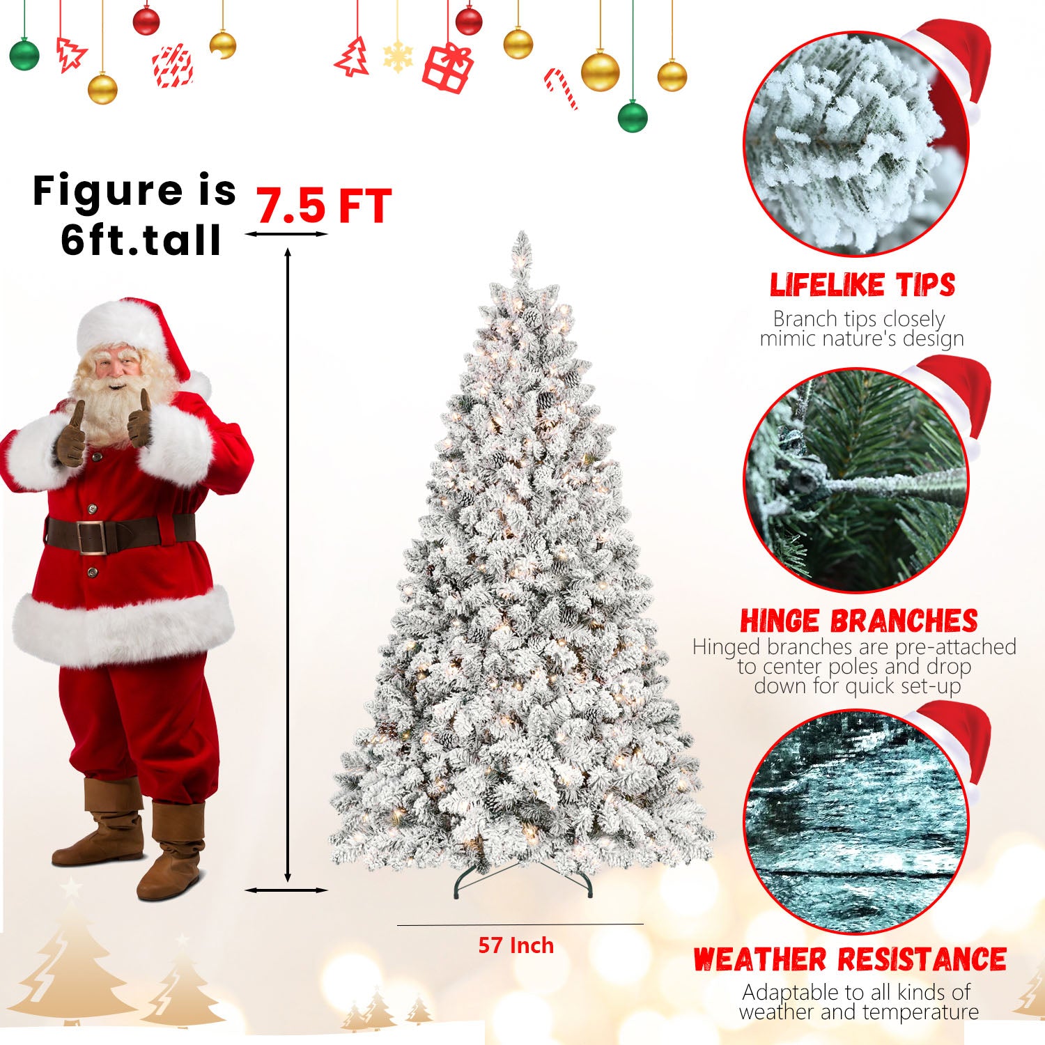 Makeatree Snow-Flocked Prelit Christmas Tree with Pine Cones 4–9 FT, UL Listed Lights, Mixed PE & PVC Branches, Includes Metal Stand (BES-TF-L)