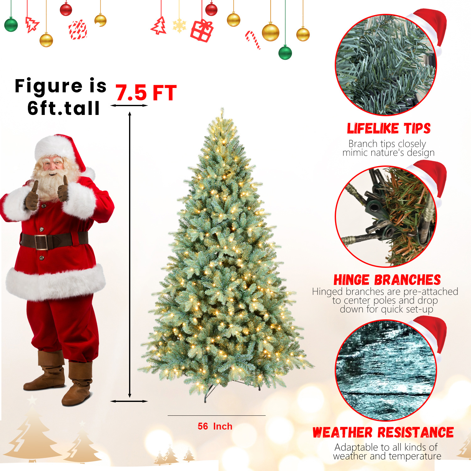 Makeatree Pre-Lit Spruce Artificial Christmas Tree 4-9ft - PE/PVC Branches (DEL-L)