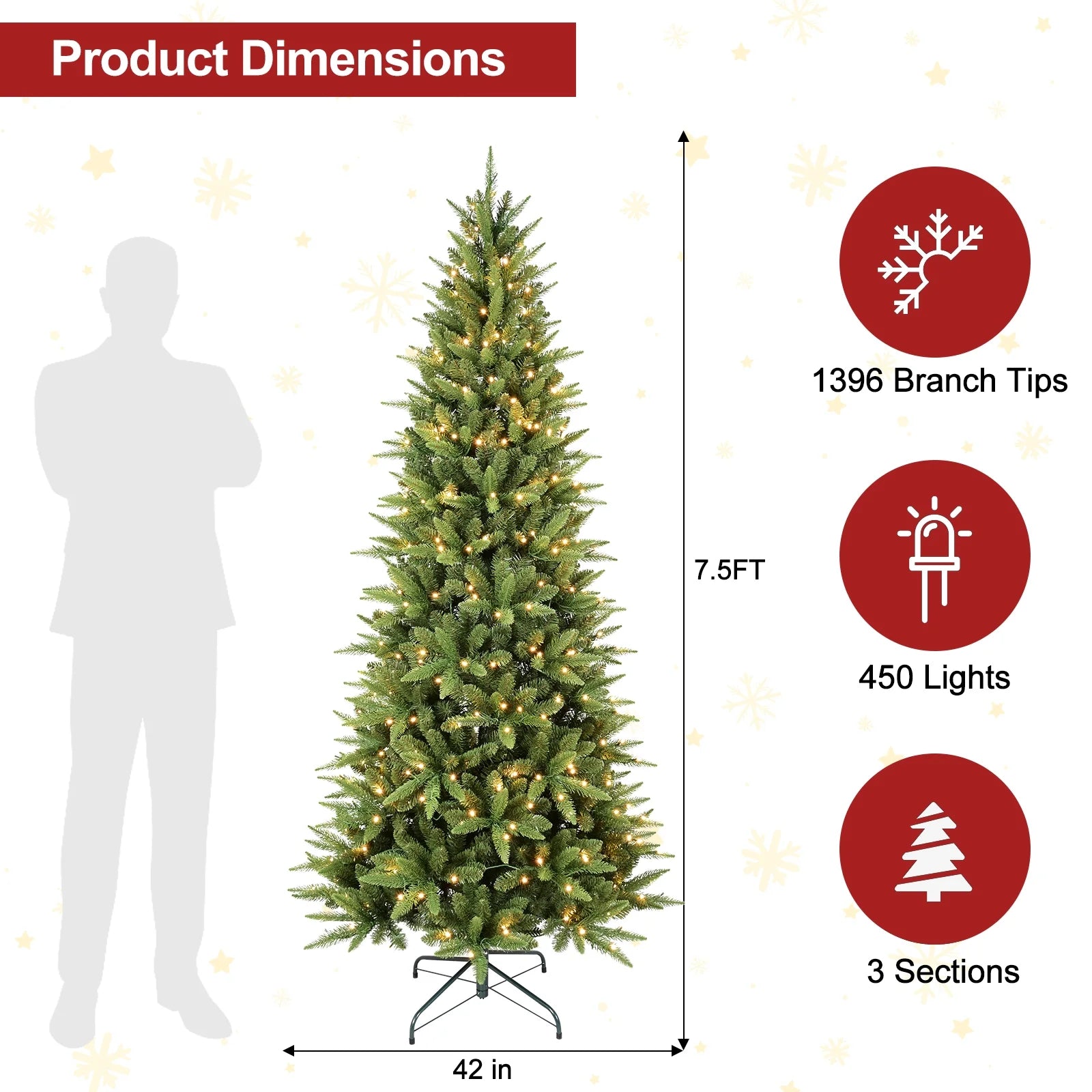 Makeatree Pre-Lit Pencil Christmas Tree Artificial Slim Xmas Tree PE & PVC Mixed Branches (BHU-L)