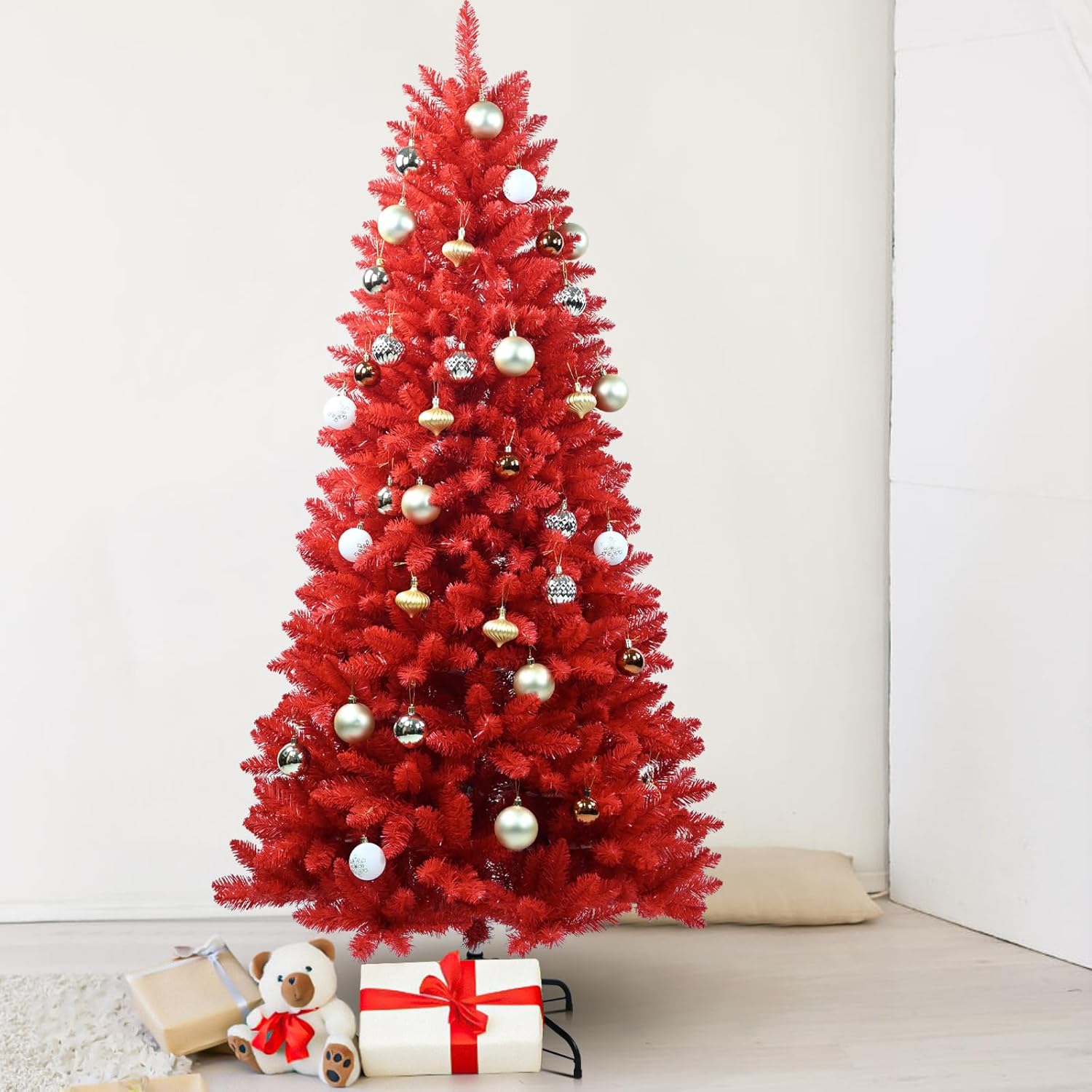Makeatree Red Artificial Christmas Tree 4-7ft - Indoor Outdoor Holiday Decor (BER)