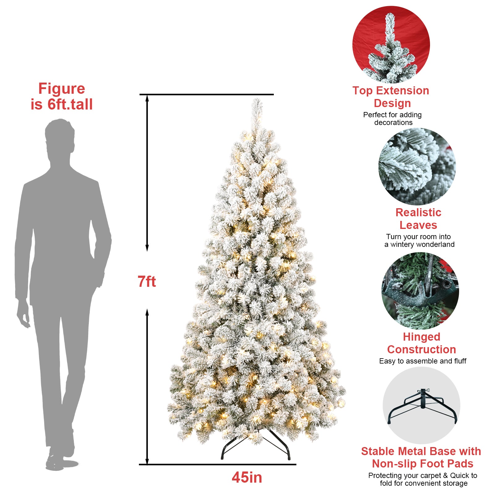 Makeatree Pre-Lit Flocked Artificial Christmas Tree White Xmas Tree for Holiday Decoration (BED-TF-L)