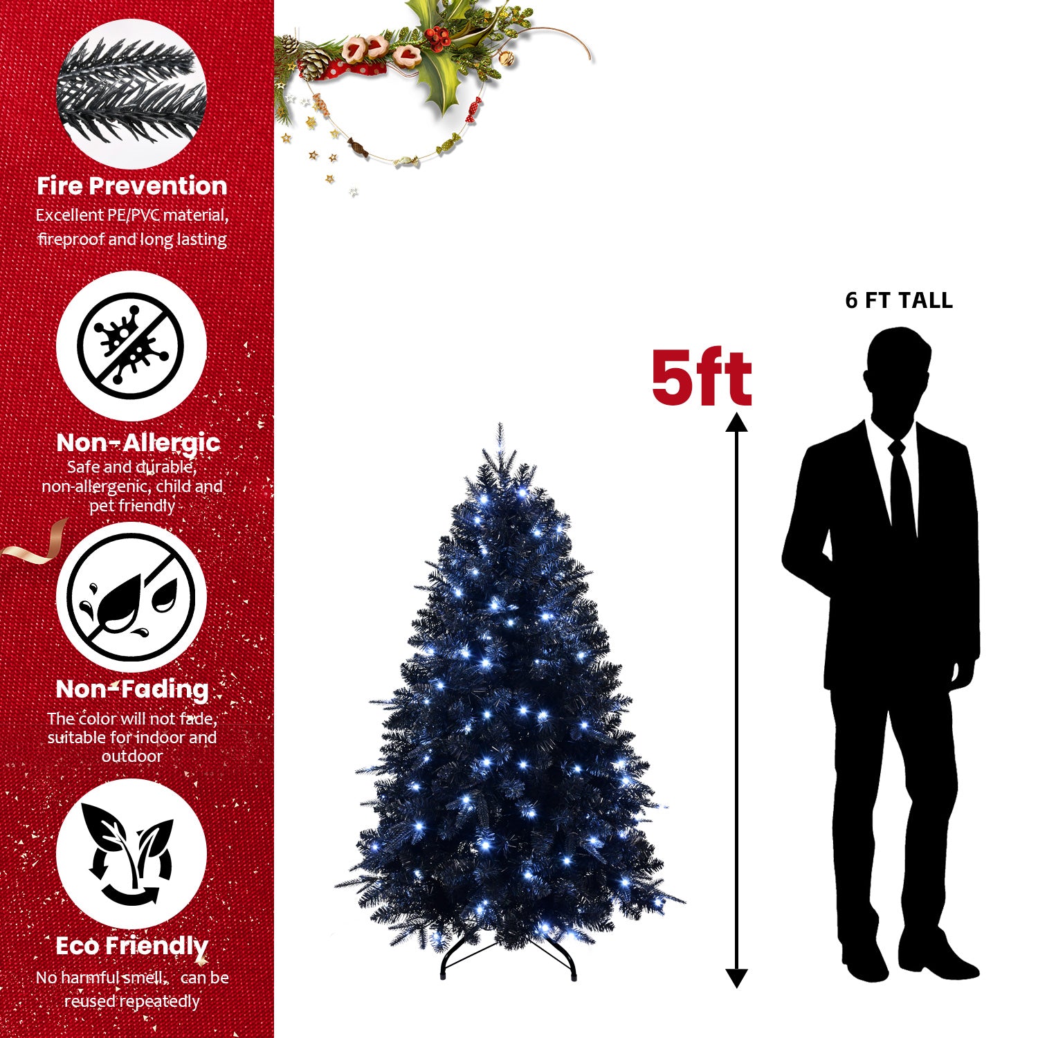 Makeatree Pre-Lit Black Christmas Tree 4-8ft - Artificial Halloween Xmas Tree with Lights (VCR-L)