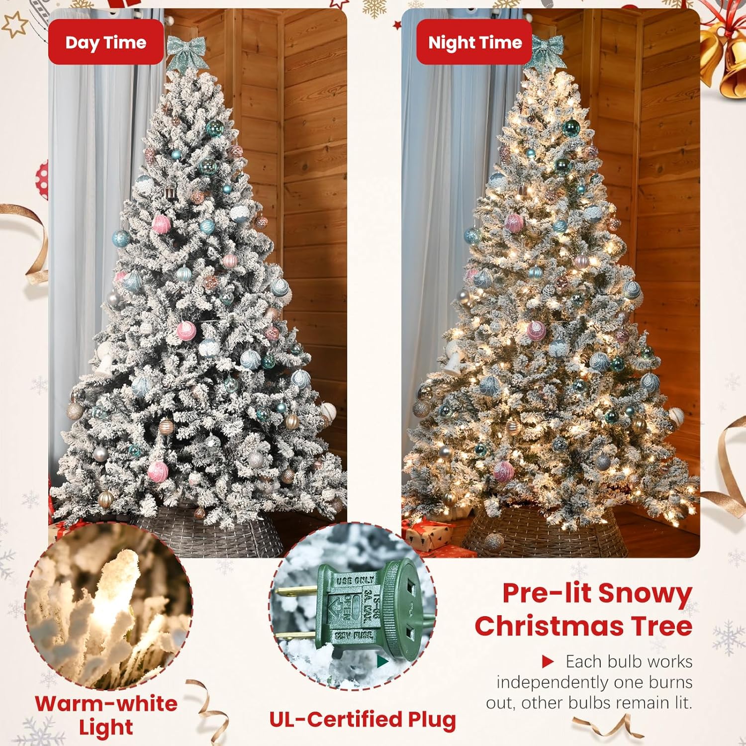 Makeatree Snow-Flocked Prelit Christmas Tree with Pine Cones 4–9 FT, UL Listed Lights, Mixed PE & PVC Branches, Includes Metal Stand (BES-TF-L)