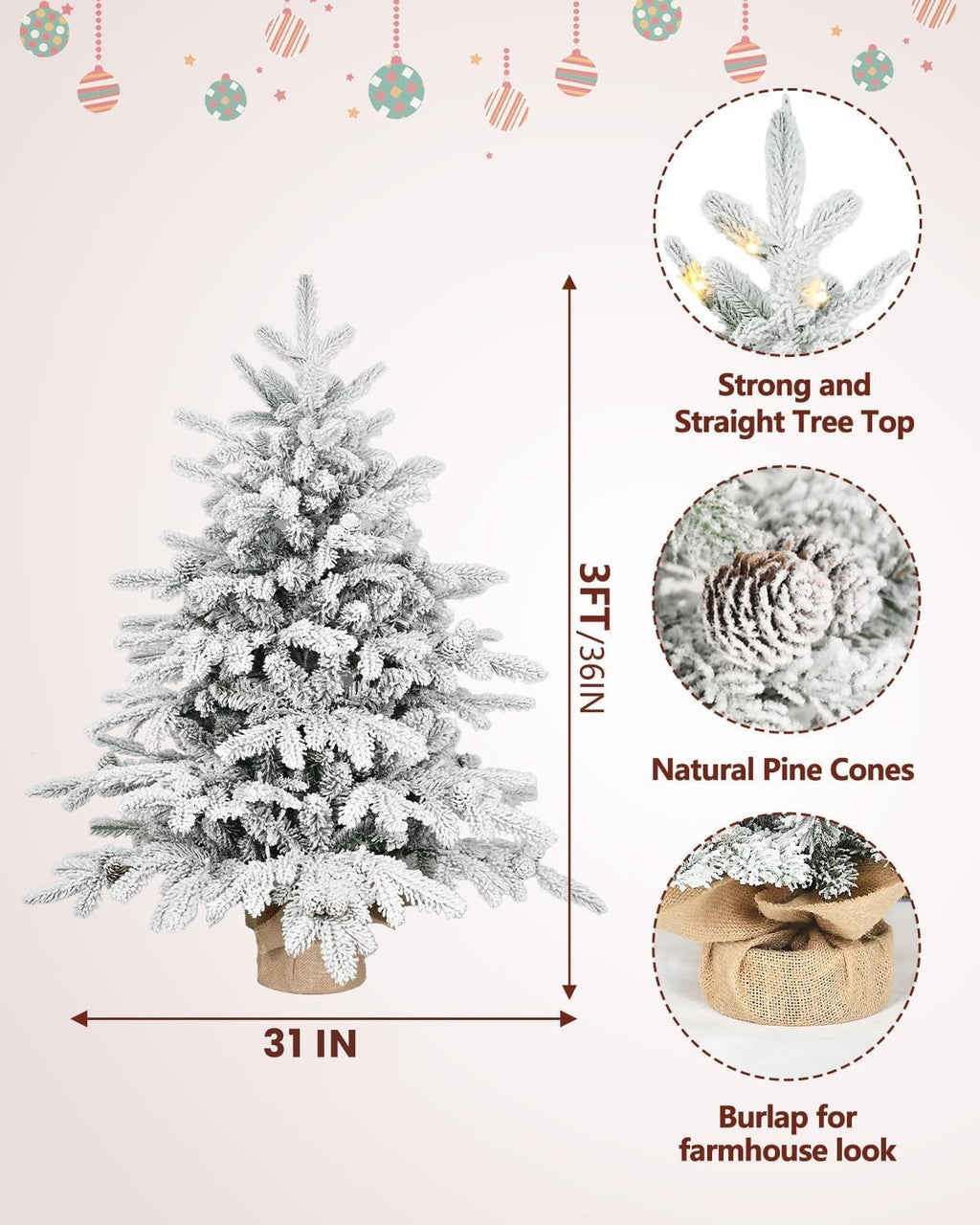 Makeatree Prelit Snow Flocked Tabletop Christmas Tree Artificial Small Xmas Tree with 100 Led Lights 26 Pine cones 528 Branch Tip (LM-TF-L)