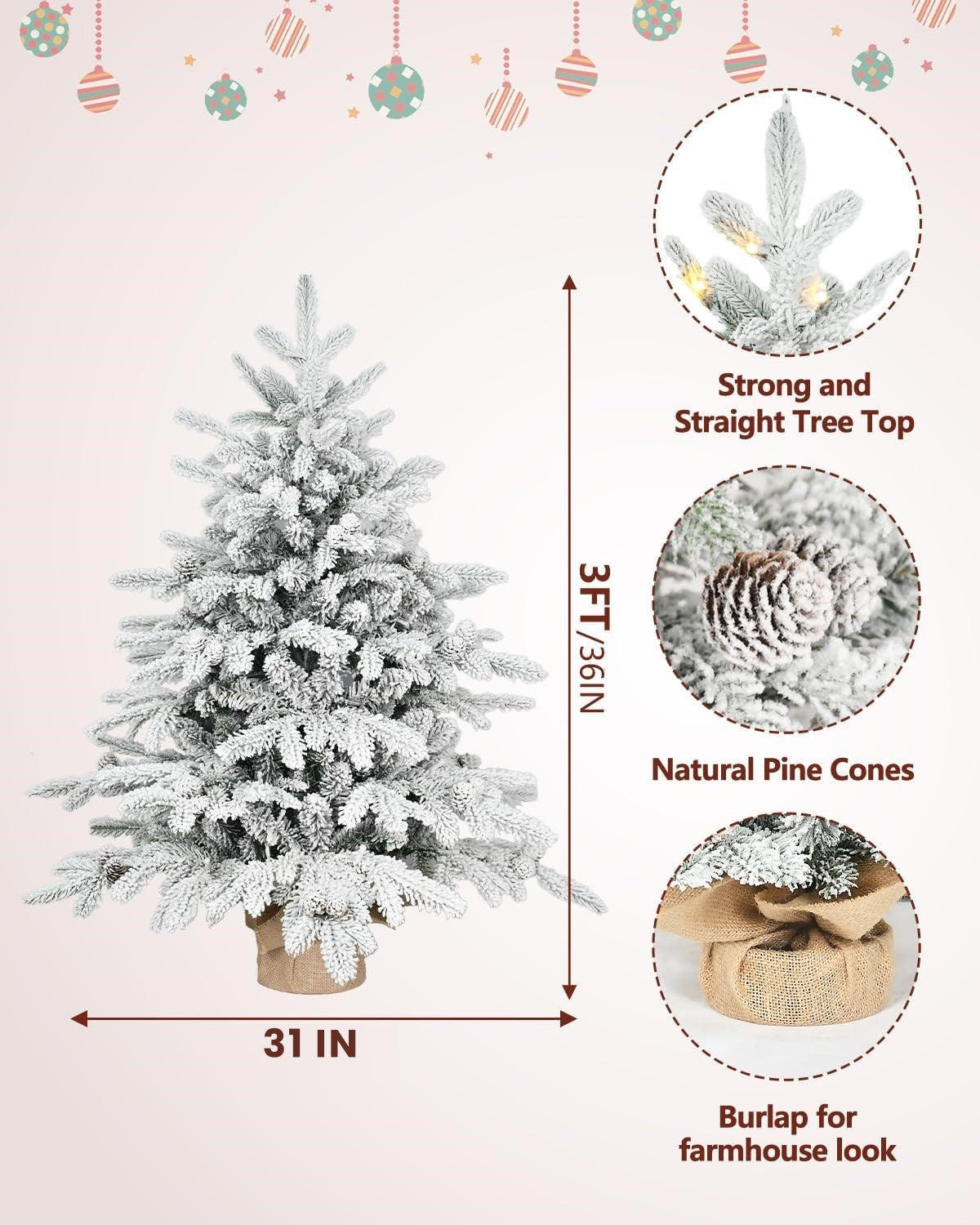 Makeatree Prelit Snow Flocked Tabletop Christmas Tree Artificial Small Xmas Tree with 100 Led Lights 26 Pine cones 528 Branch Tip (LM-TF-L)