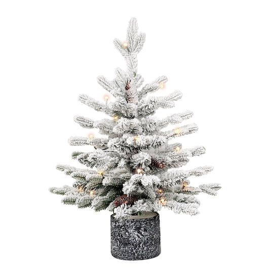 Makeatree 2ft/3ft/4.5ft/6.5ft Pre-Lit Snow Flocked Christmas Tree, Mini Tabletop Artificial Xmas Tree in Pot for Front Door, Porch, Indoor & Outdoor Holiday Decoration.