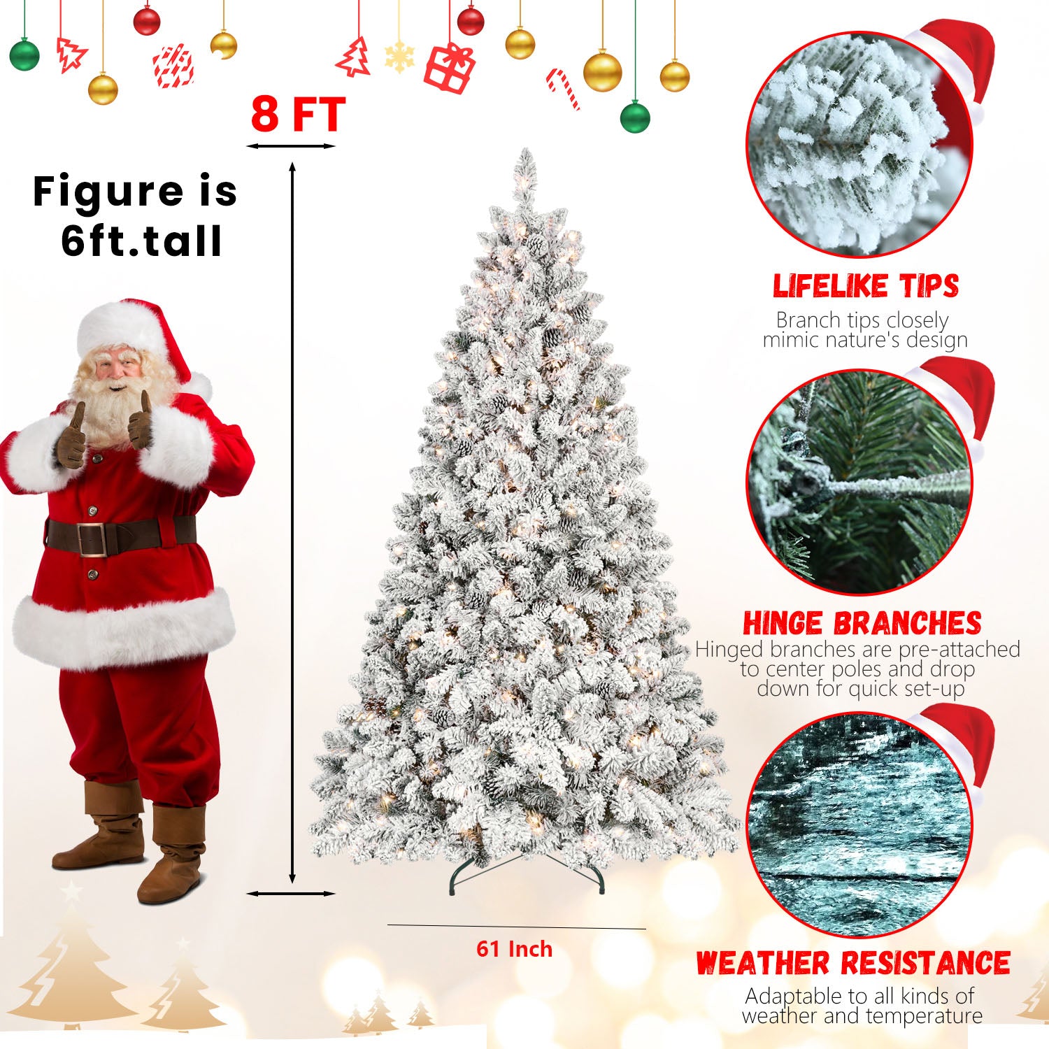 Makeatree Snow-Flocked Prelit Christmas Tree with Pine Cones 4–9 FT, UL Listed Lights, Mixed PE & PVC Branches, Includes Metal Stand (BES-TF-L)